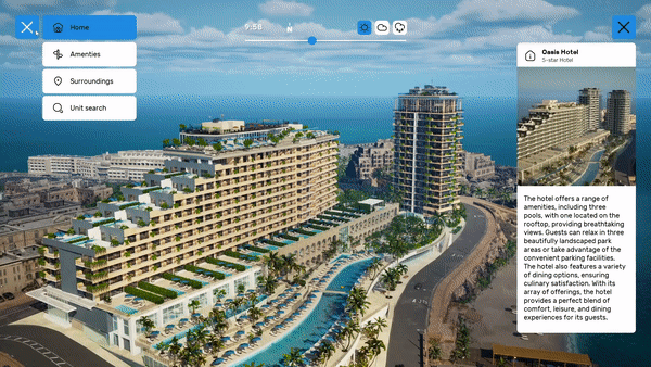 Immersive 3D tour demo for a hospitality project with room walkthroughs, amenity views, and time, season, and weather changes