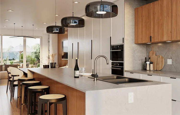 A sleek kitchen with a large island, bar stools, and pendant lights presented in an architectural rendering