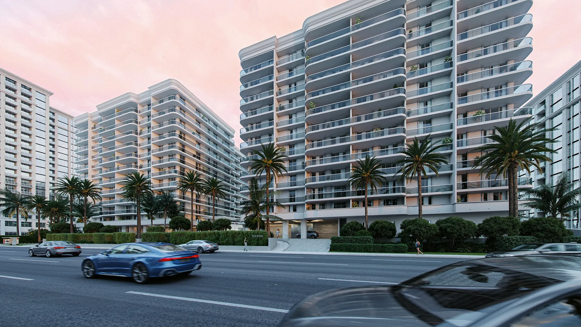 3D visualization of a mixed-use development with luxury high-rise towers, palm trees, and street traffic at dusk.