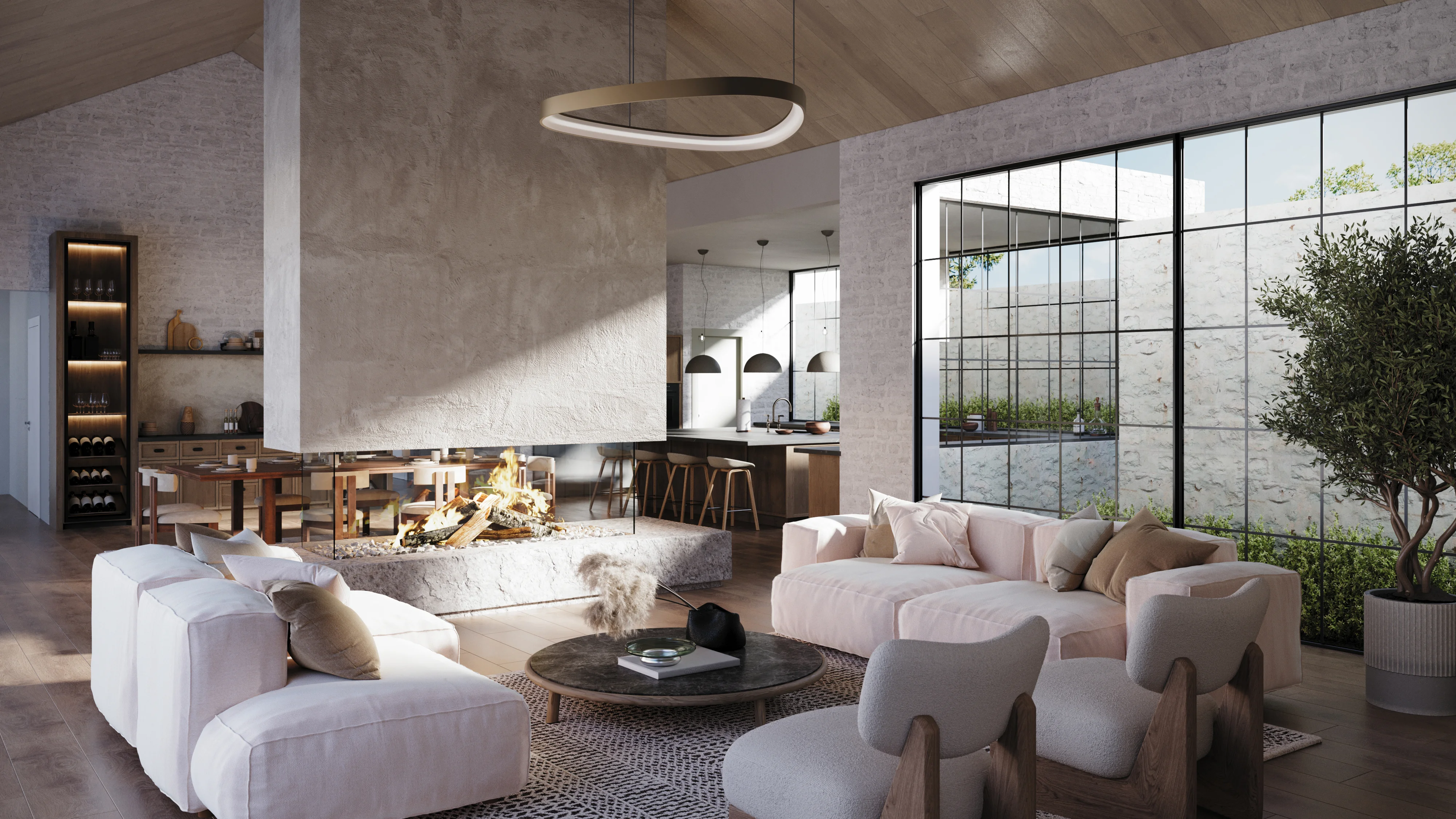 Photorealistic architectural rendering of a modern living room with fireplace, beige sofas, and open kitchen layout