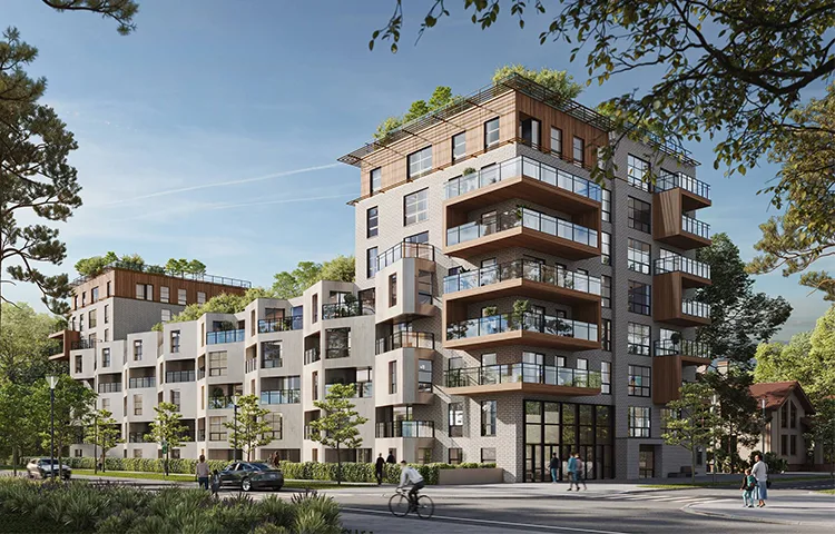 A mid-rise residential complex with balconies standing among tall trees in an architectural 3D visualization