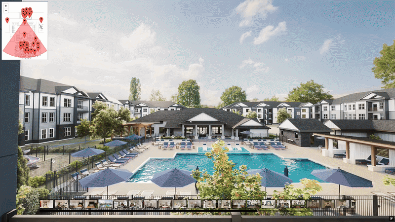 A residential lounge with blue armchairs, a fireplace, and wood beams is shown in an interior view from a virtual 3D tour