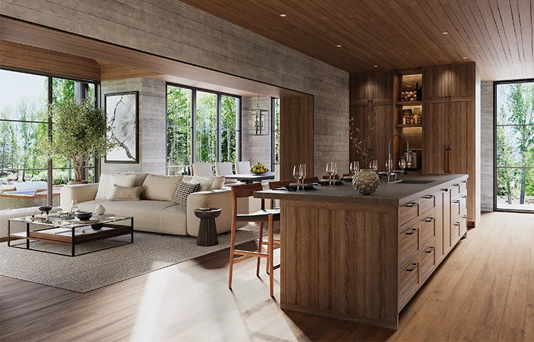 A warm open-plan kitchen and living room with wood finishes in an architectural 3D visualization
