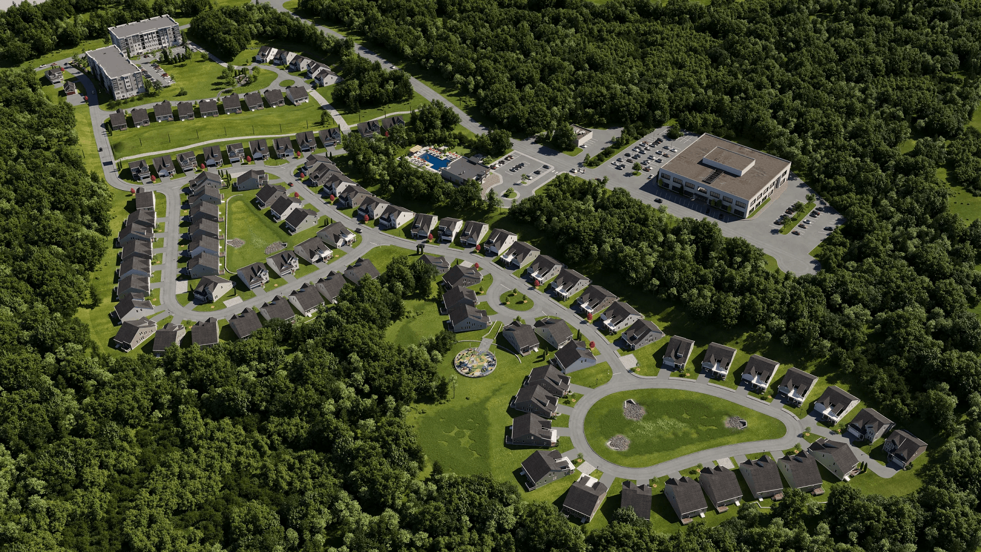 Site plan rendering — residential community with townhouses, apartments, and amenities aerial CGI