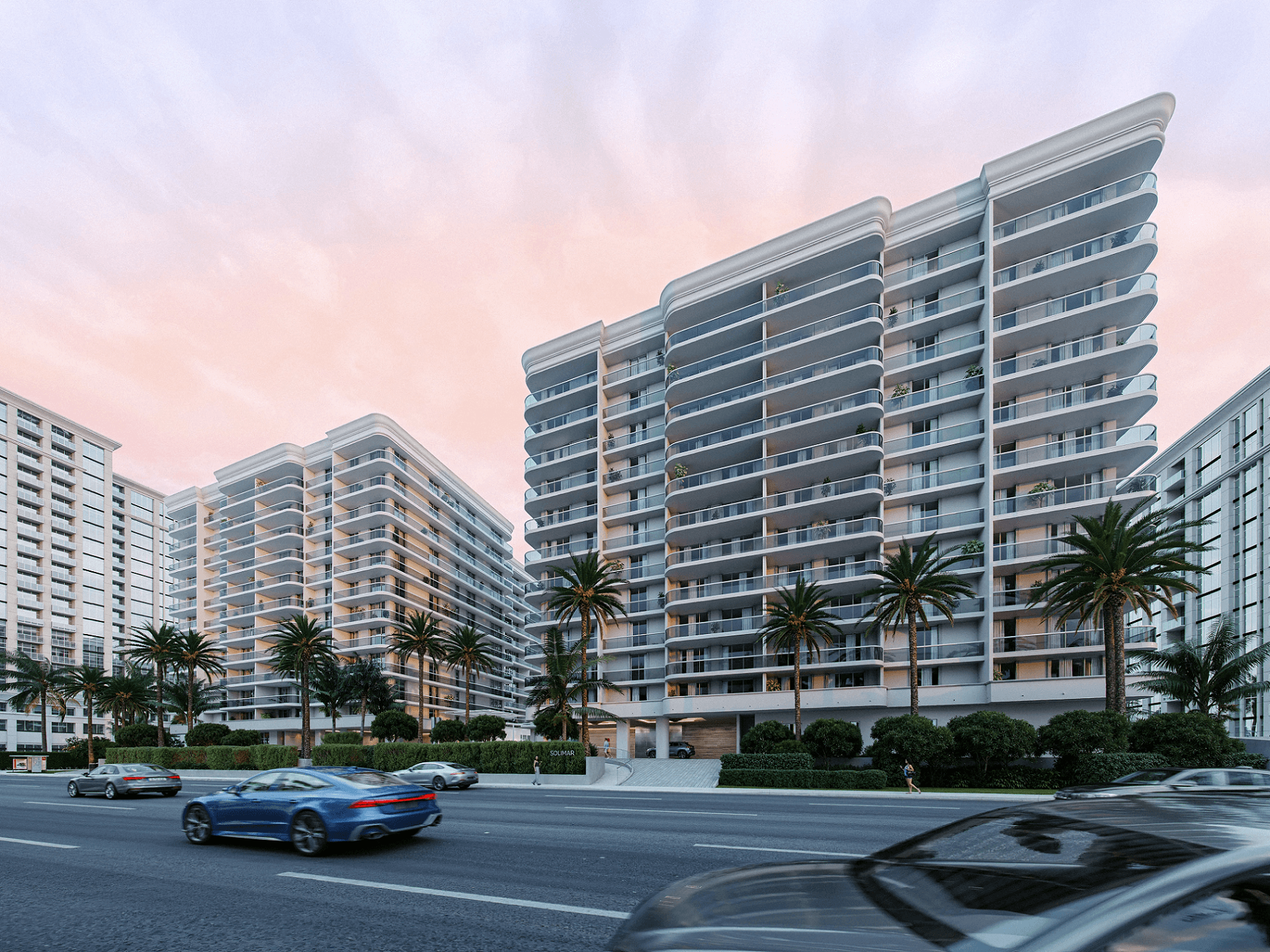 CGI exterior rendering of a luxury high-rise residential complex with curved balconies and palm trees at dusk
