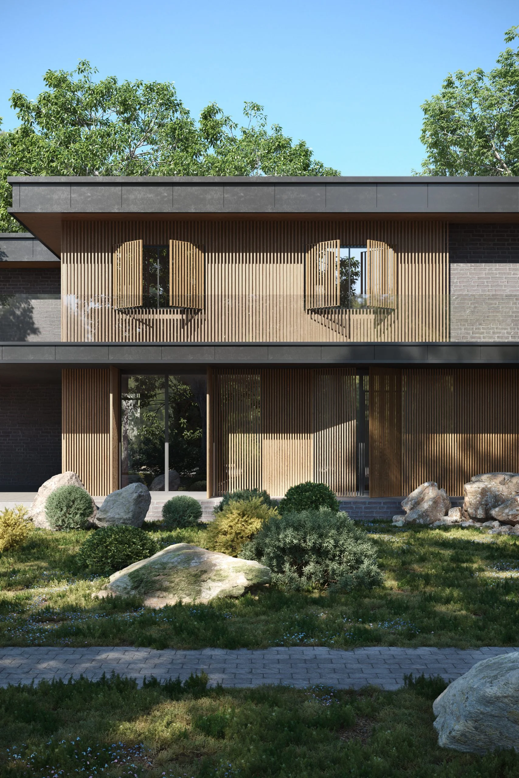3D visualization of a modern Mississauga home exterior with wood slat facade, balcony and landscaped rock garden