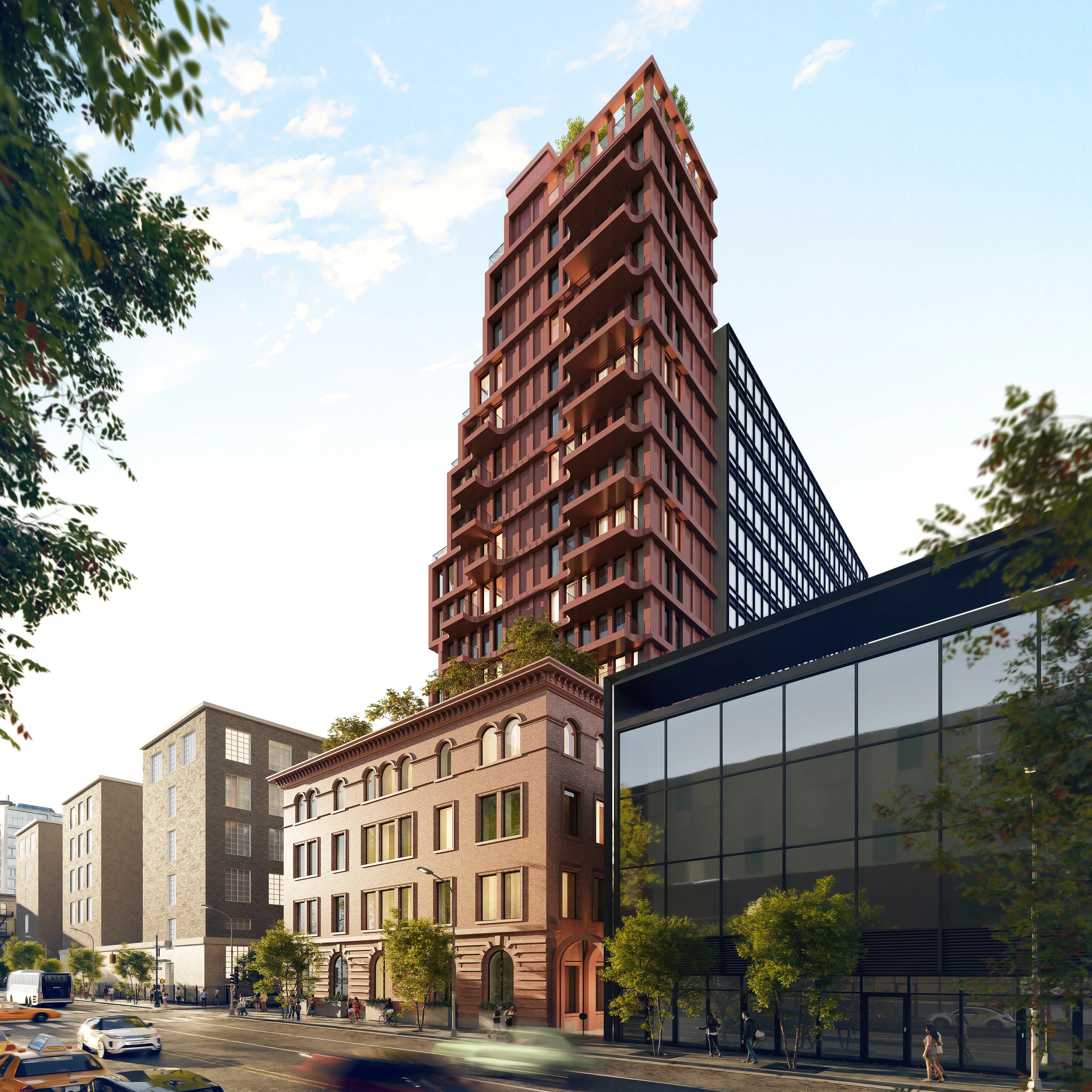 Row of detailed commercial buildings in a 3D rendering of a Perth street
