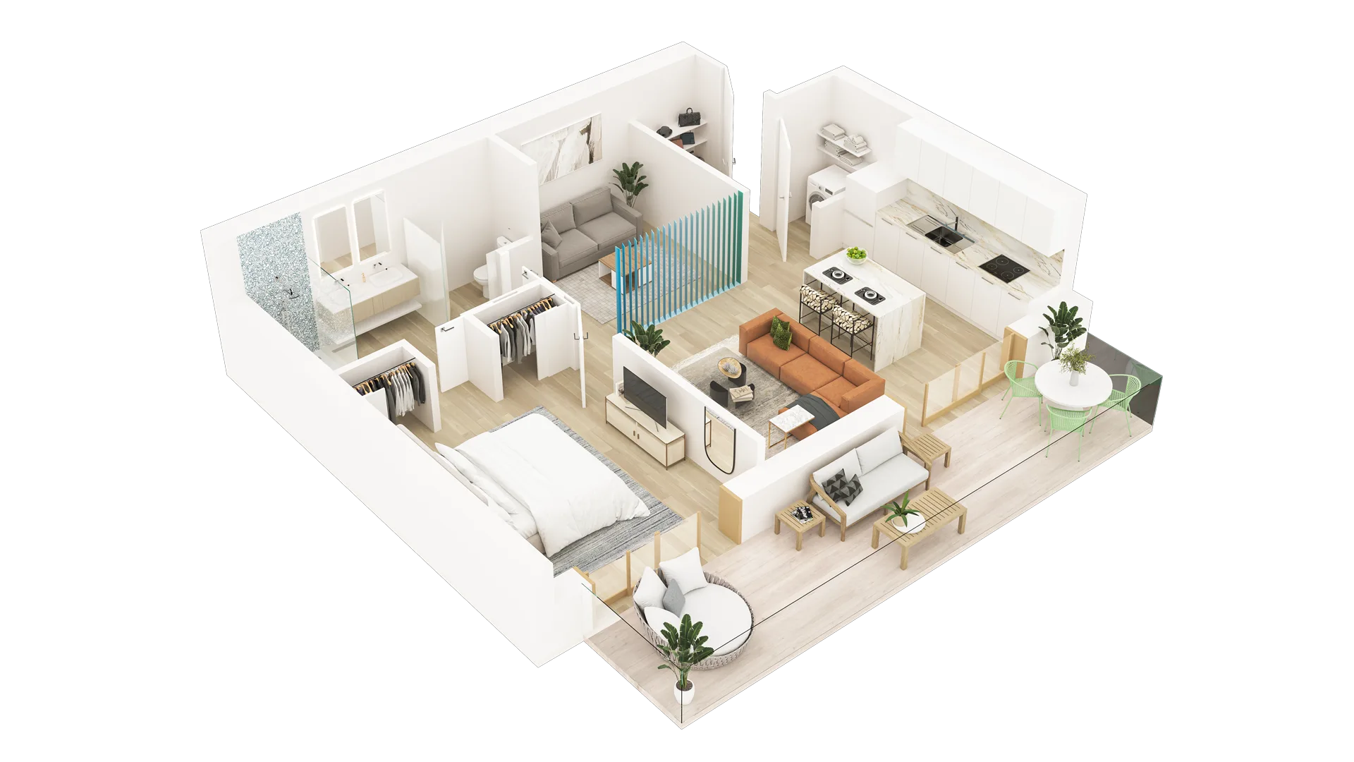3D rendering of a Vancouver one-bedroom apartment floor plan showing bedroom, bath, kitchen, and balcony