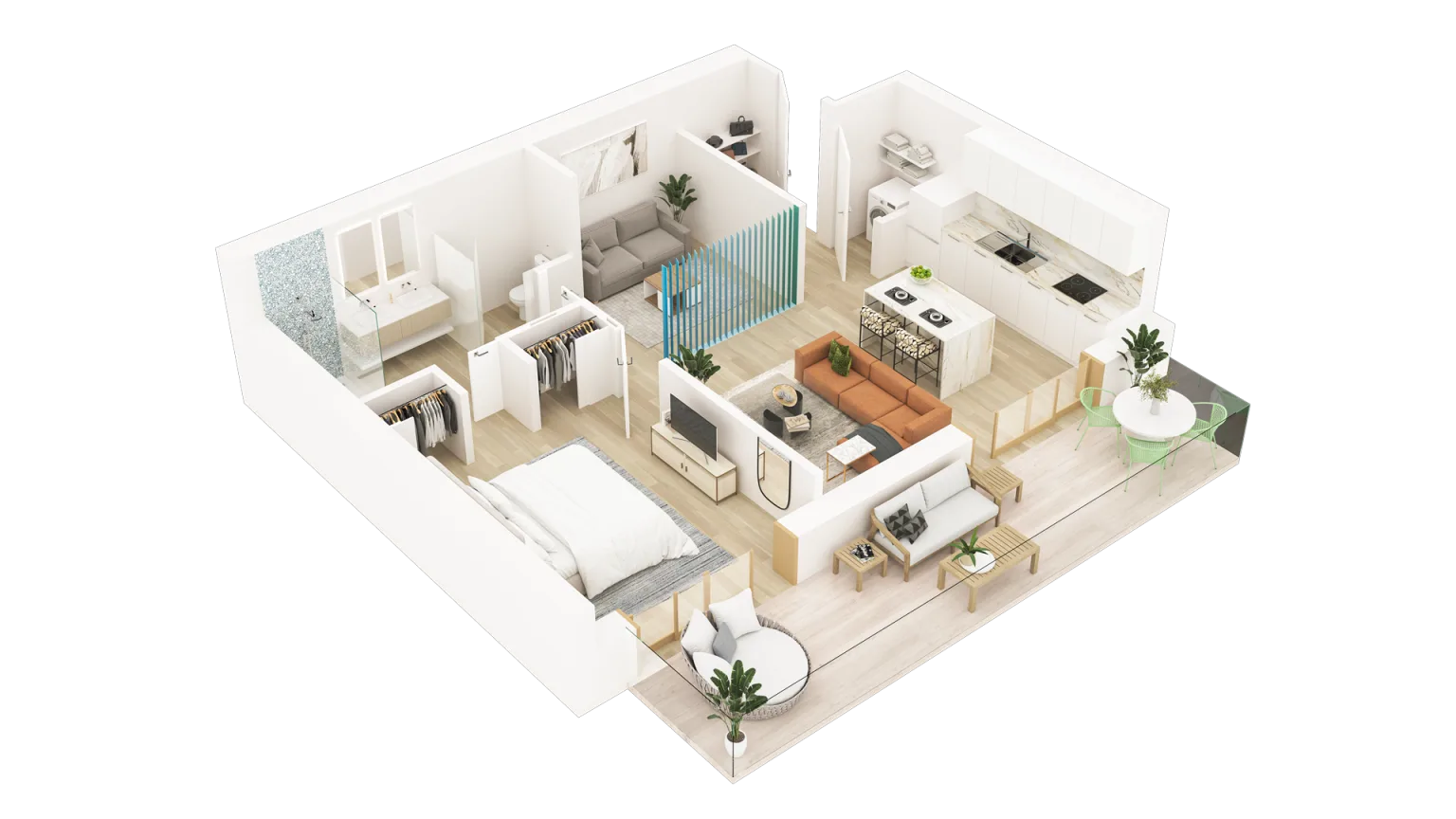3D floor plan rendering of a Boston condo unit layout with furniture staging