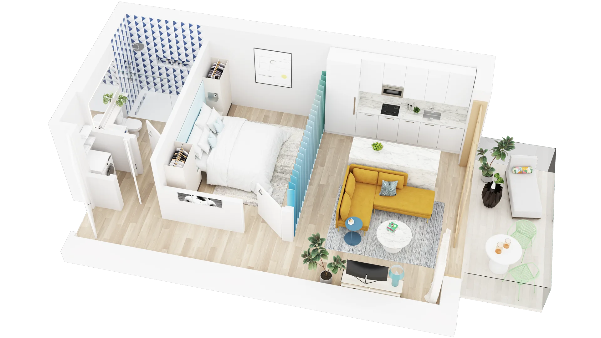 3D floor plan rendering of a one-bedroom Los Angeles apartment with open living area and kitchen
