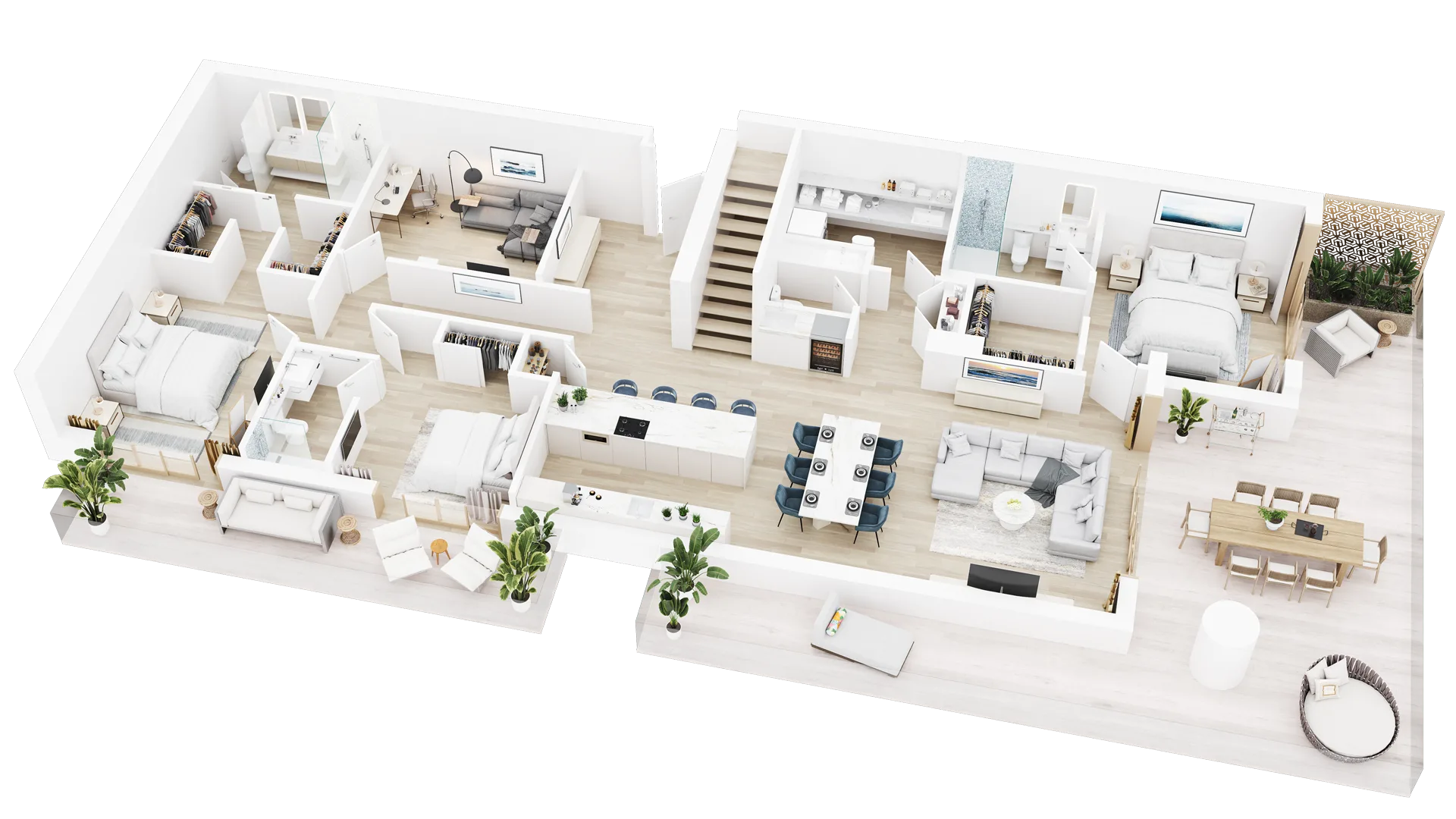 3D visualization of a condo floor plan with two bedrooms, open kitchen, dining area and central staircase