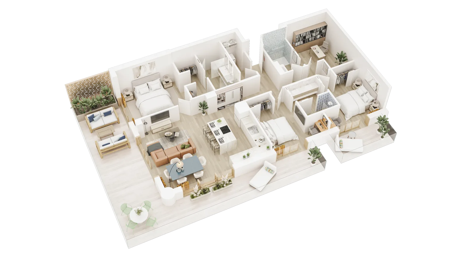 3D floor plan rendering for Philadelphia apartment with open-plan living and multiple bedrooms