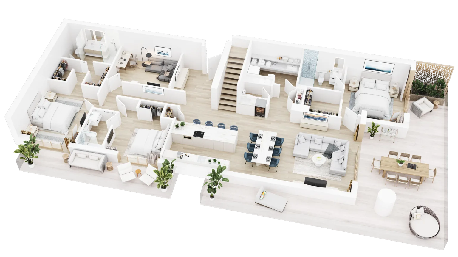 3D floor plan rendering showing a furnished multi-room apartment layout from above