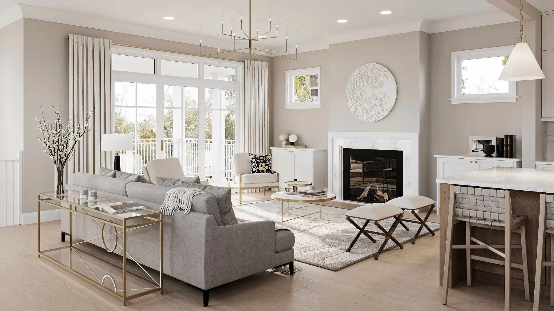 Interior 3D rendering of a Chicago home with soft neutral tones, fireplace, and modern kitchen seating