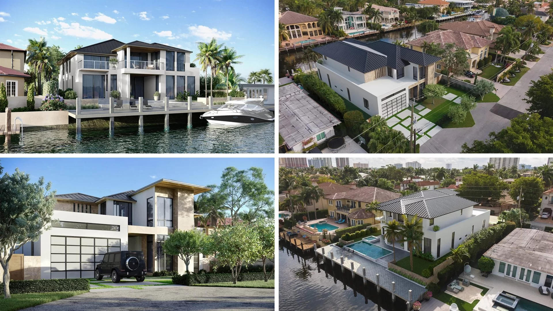 Four 3D renders of a luxury waterfront home in Fort Lauderdale — rear view with dock and yacht, aerial neighborhood view, front facade with garage, and bird's-eye view showing pool and waterway
