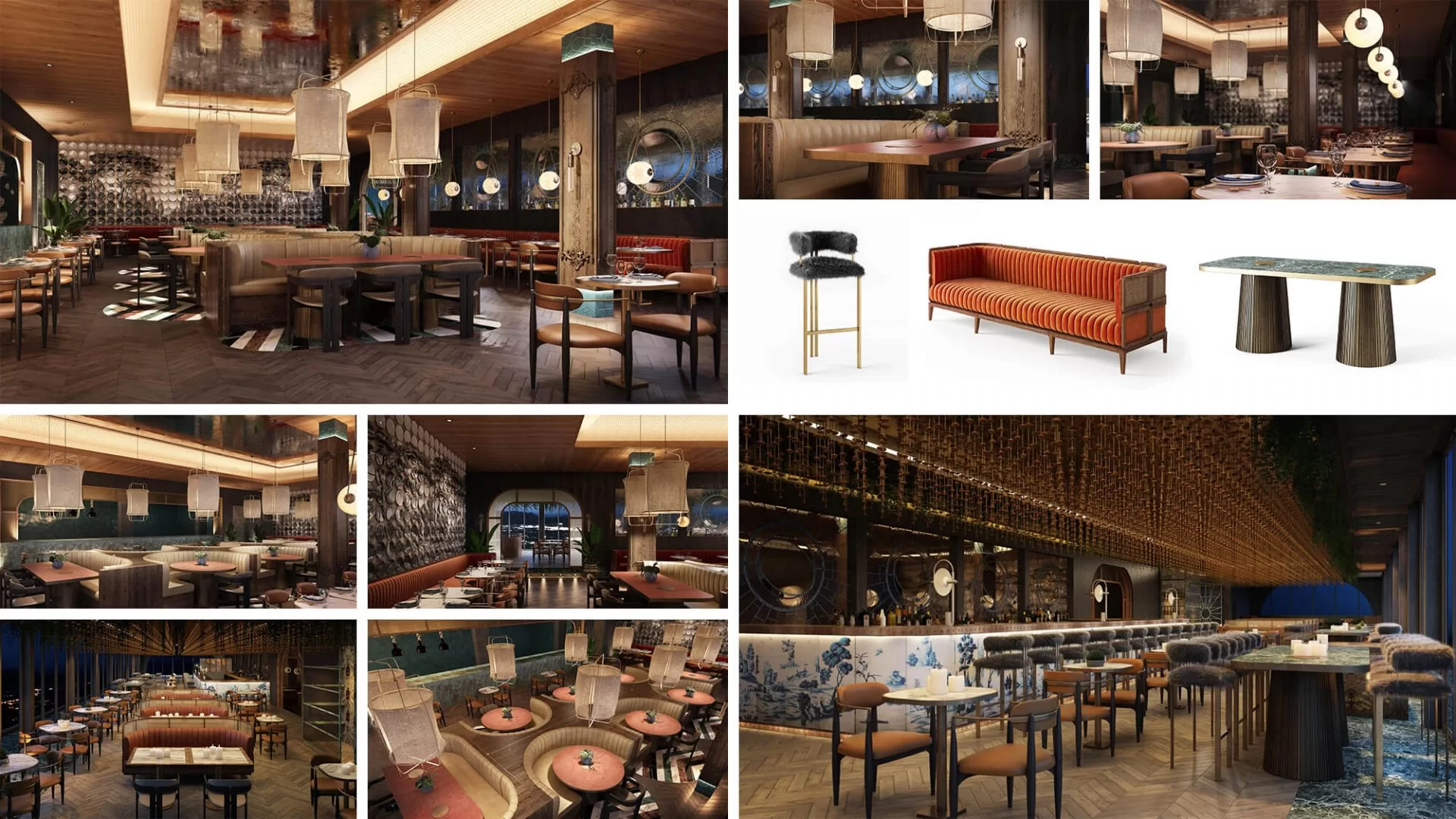 Collage of 3D interior renders for Clay restaurant in Manama, Bahrain — main dining hall, bar with Japanese-inspired decor, terrace, close-up table settings, and custom furniture on white background