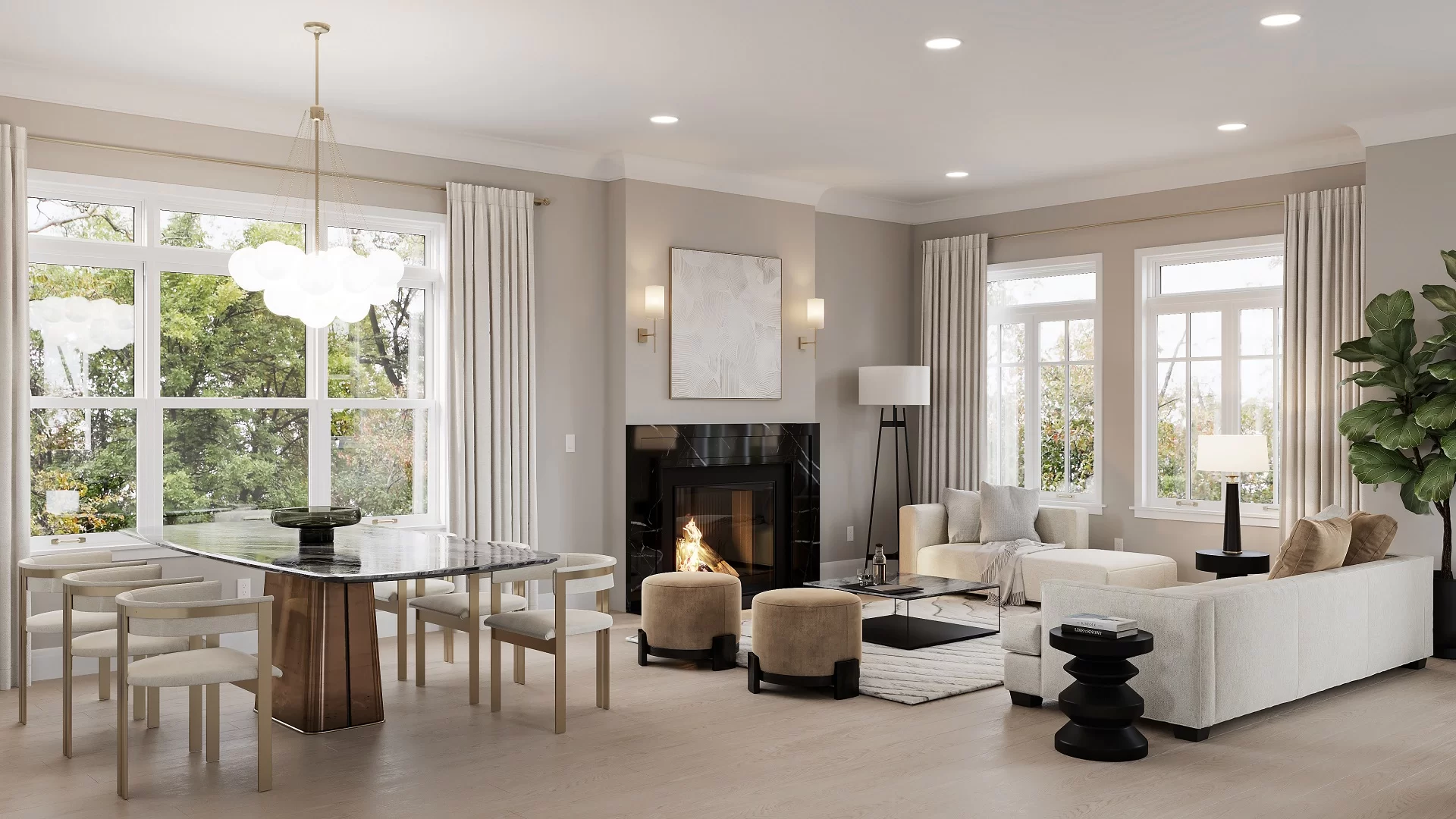3D rendering of a Chicago apartment interior with curved furniture, marble finishes, and panoramic skyline views