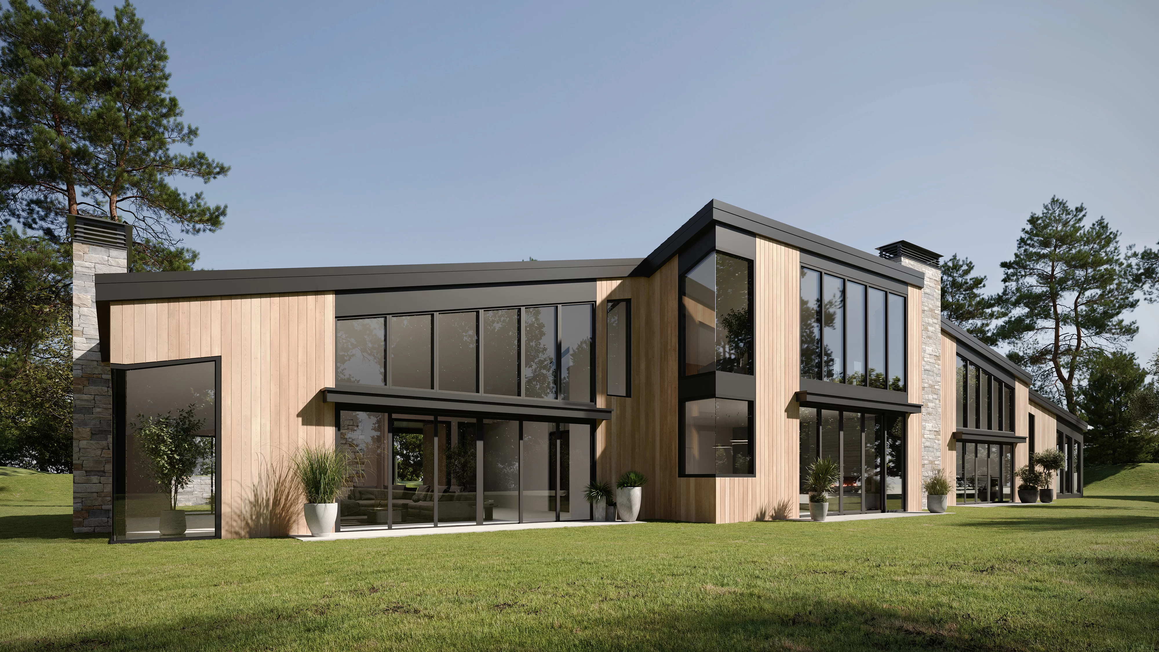3D rendering of a modern Vancouver home with timber cladding, floor-to-ceiling glazing, and stone chimneys