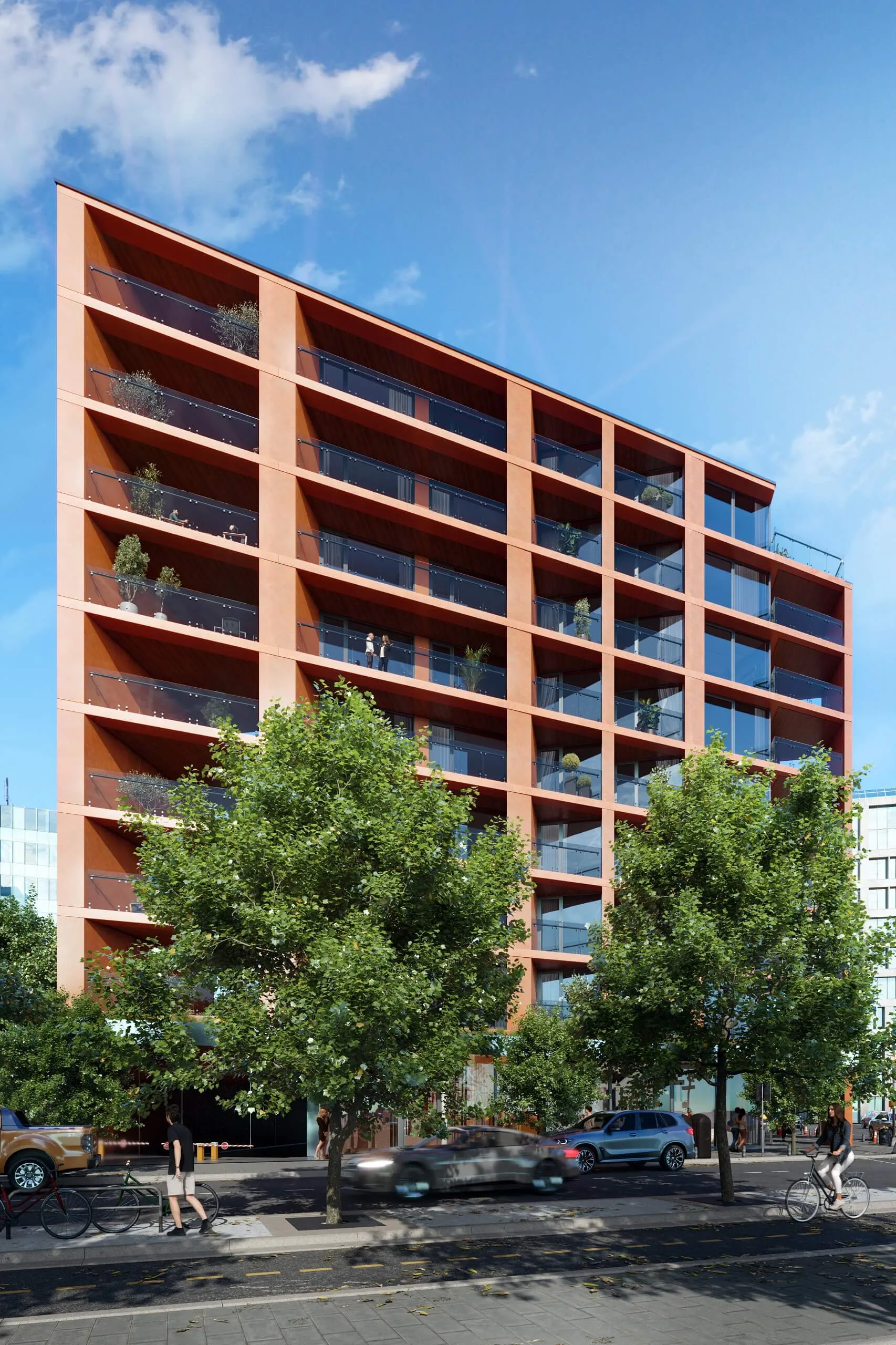 Mid-rise building facade 3D rendering for Philadelphia from street level with balcony detail