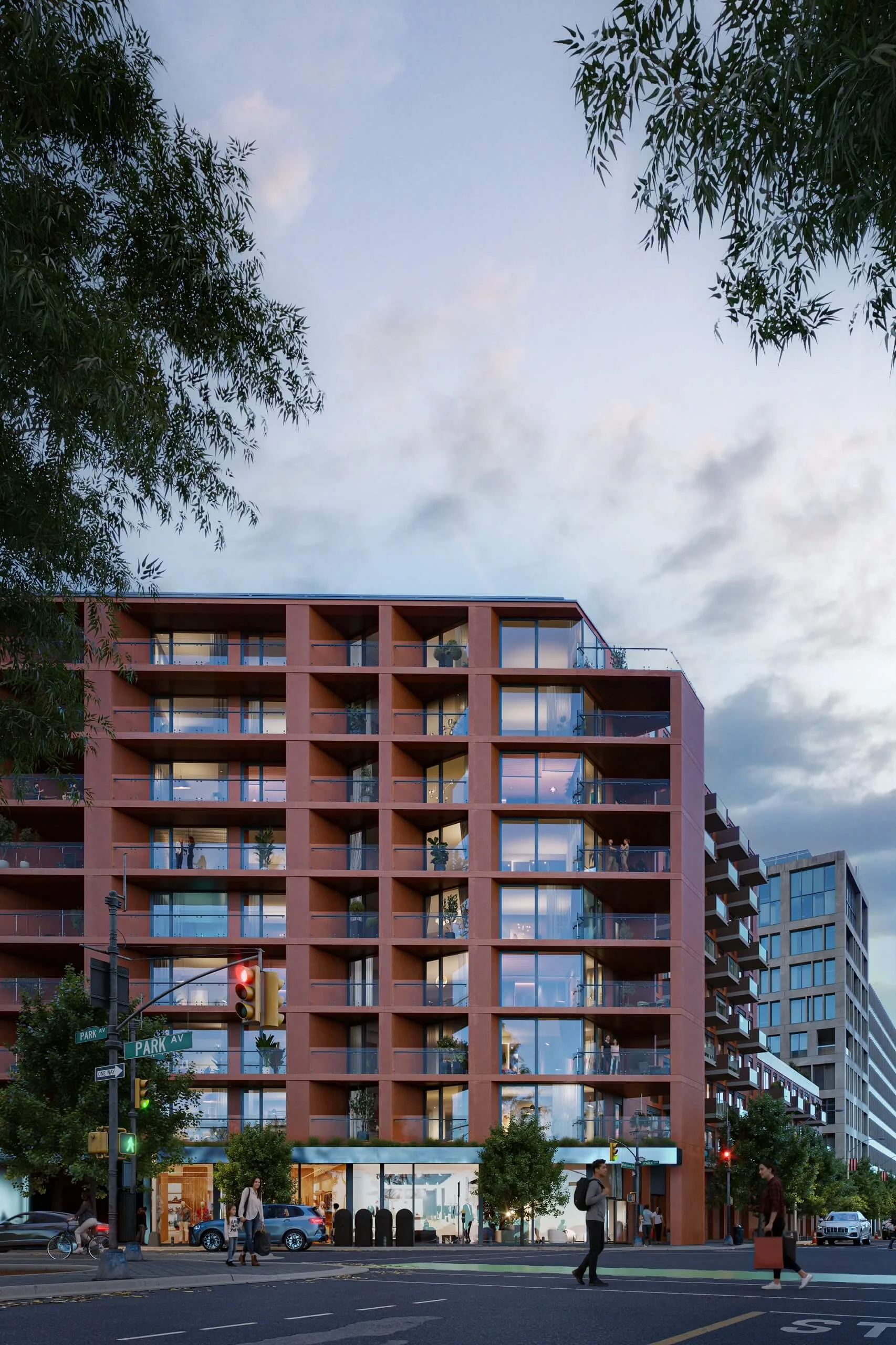 Mid-rise residential building 3D rendering for Philadelphia at dusk with street-level retail