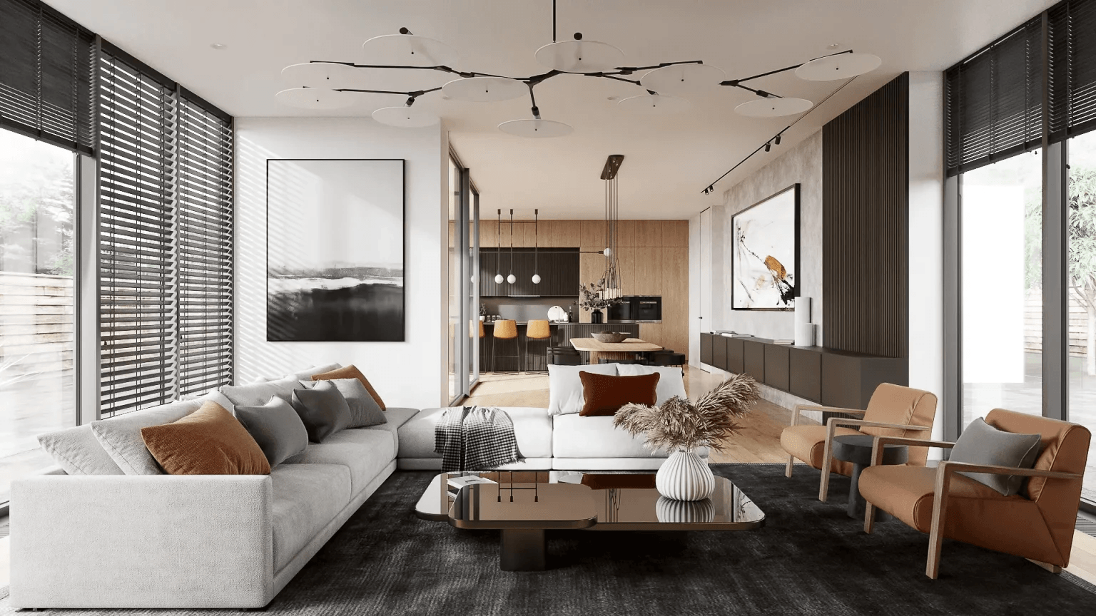 Modern living room interior 3D rendering for Philadelphia with designer lighting and open-plan layout