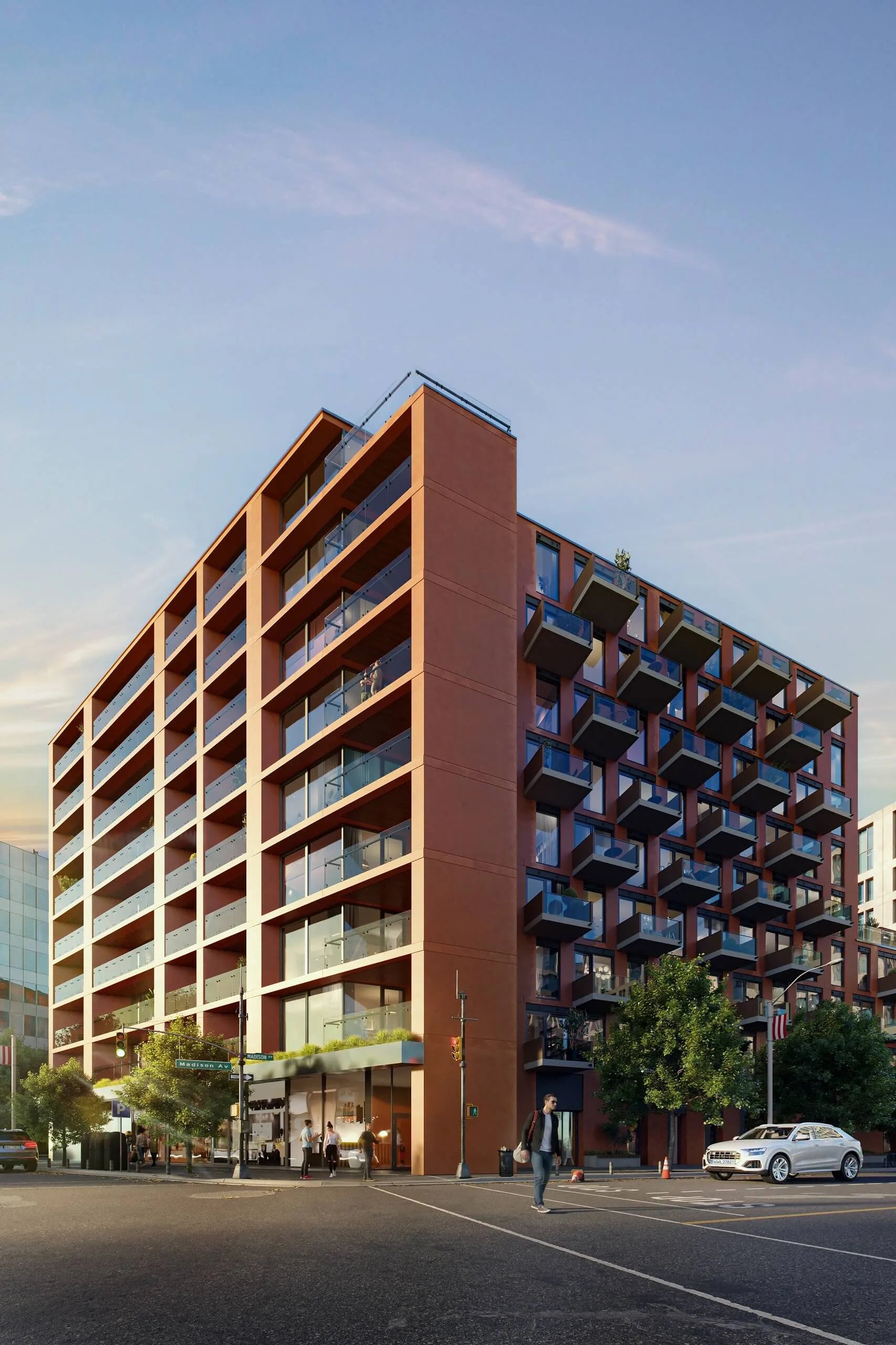 Architectural 3D visualisation of a red-brick mid-rise apartment building with glass balconies on a street corner.