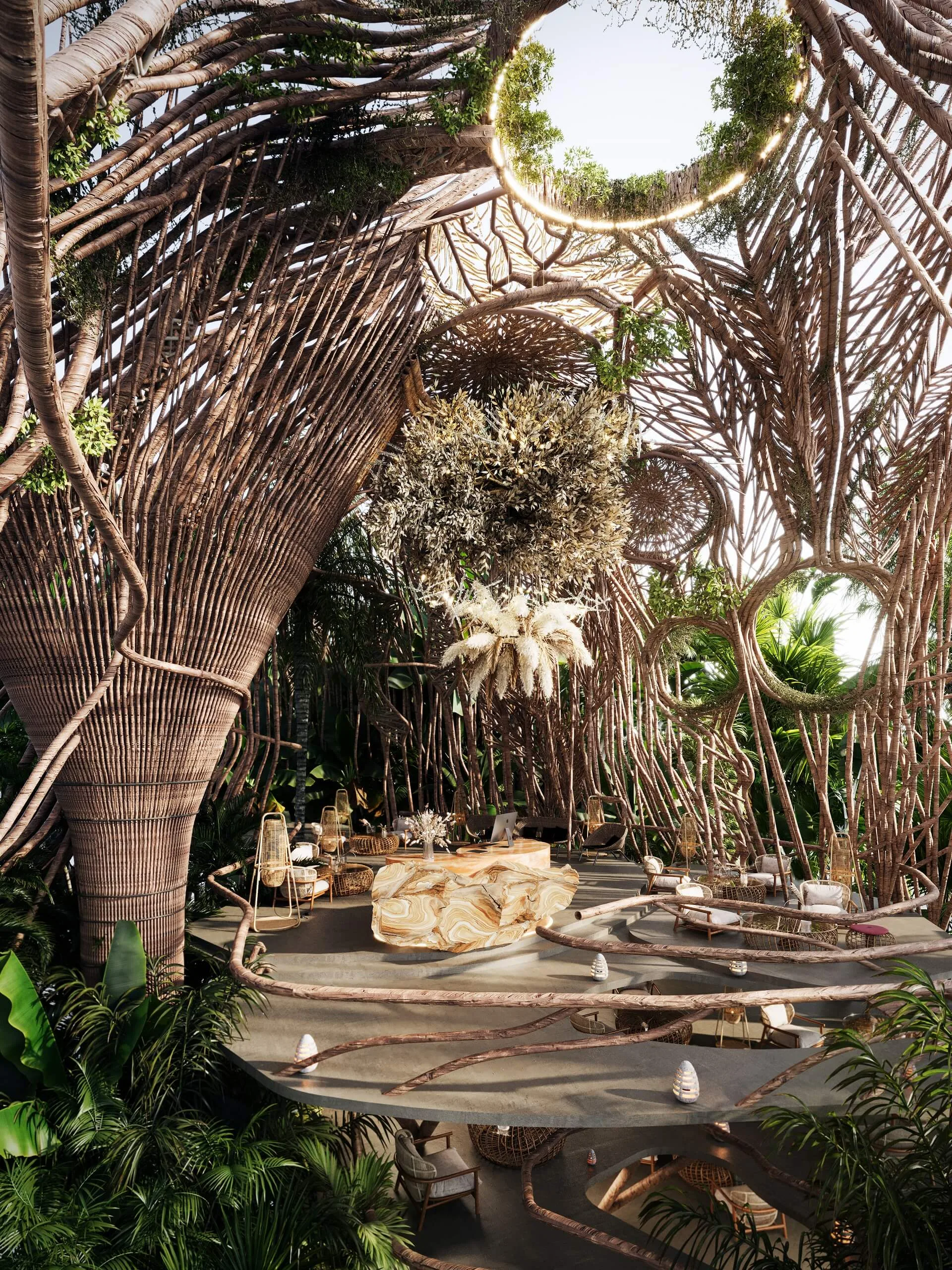 Biophilic hotel lobby with woven timber structures, suspended greenery, and organic seating in a 3D rendering