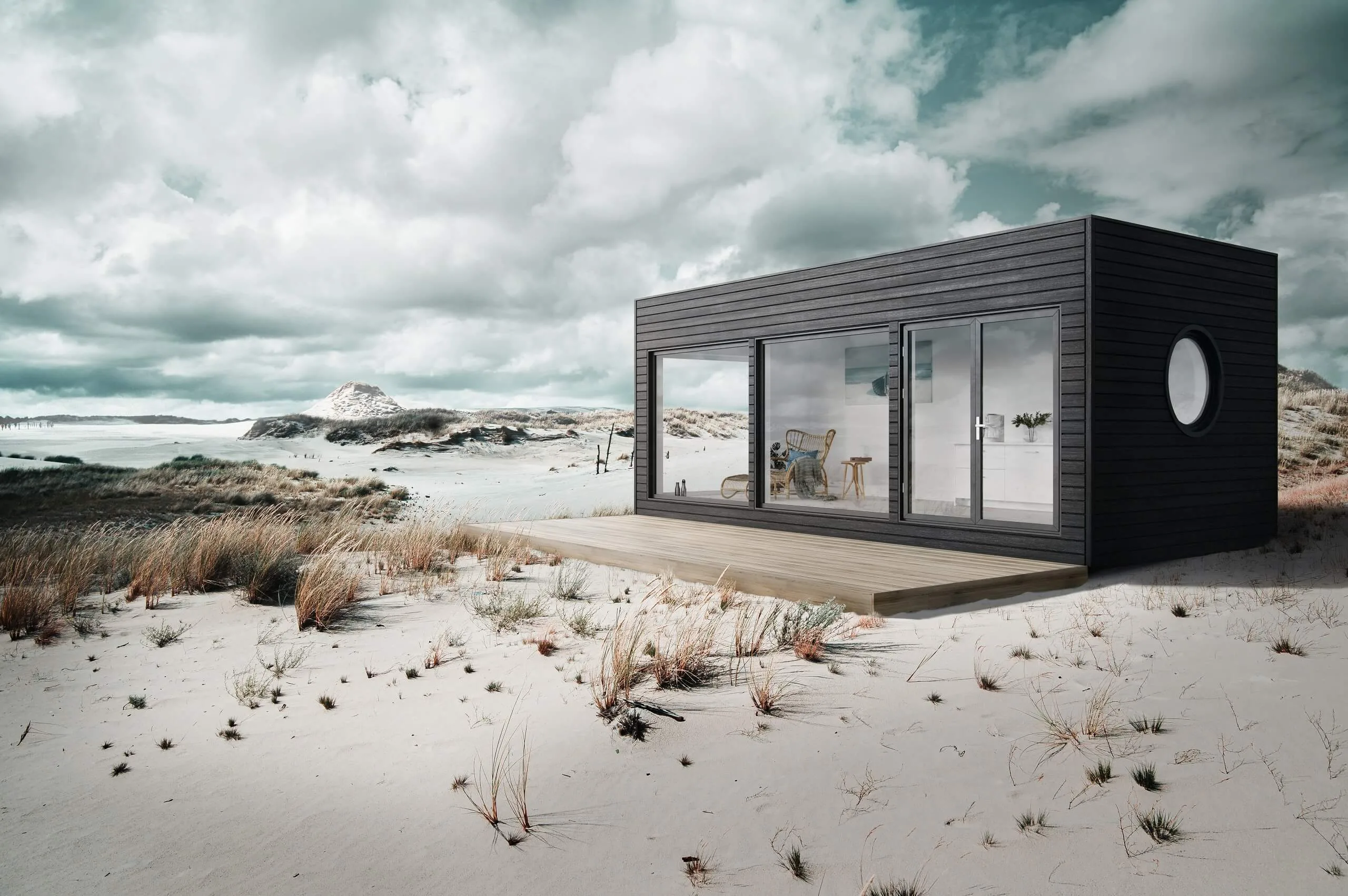 3D rendering of a small modern cabin with flat roof and timber cladding on a sandy coastal landscape — an example of CGI for small-scale residential projects