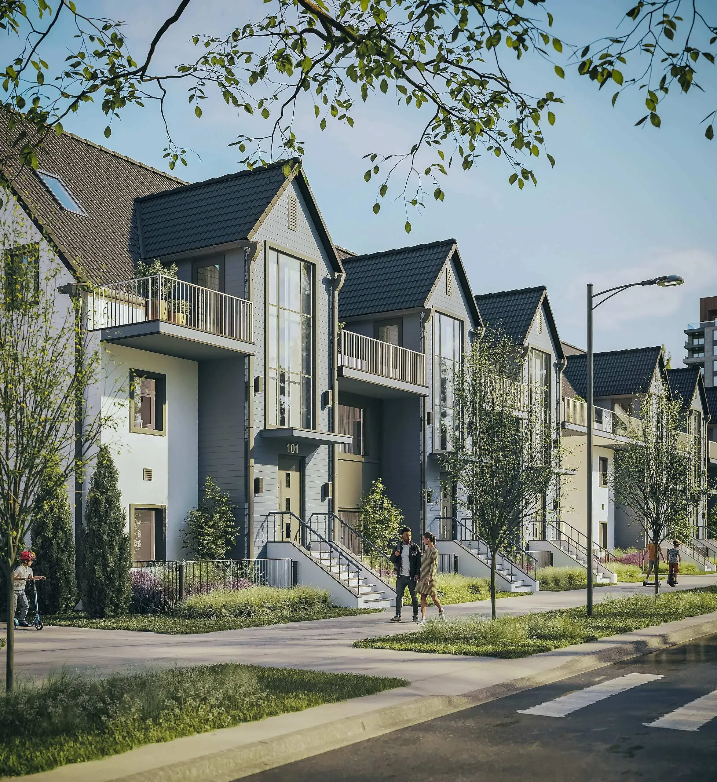 3D rendering of a Vancouver low-rise townhouse row with gabled roofs, balconies, and a tree-lined sidewalk.