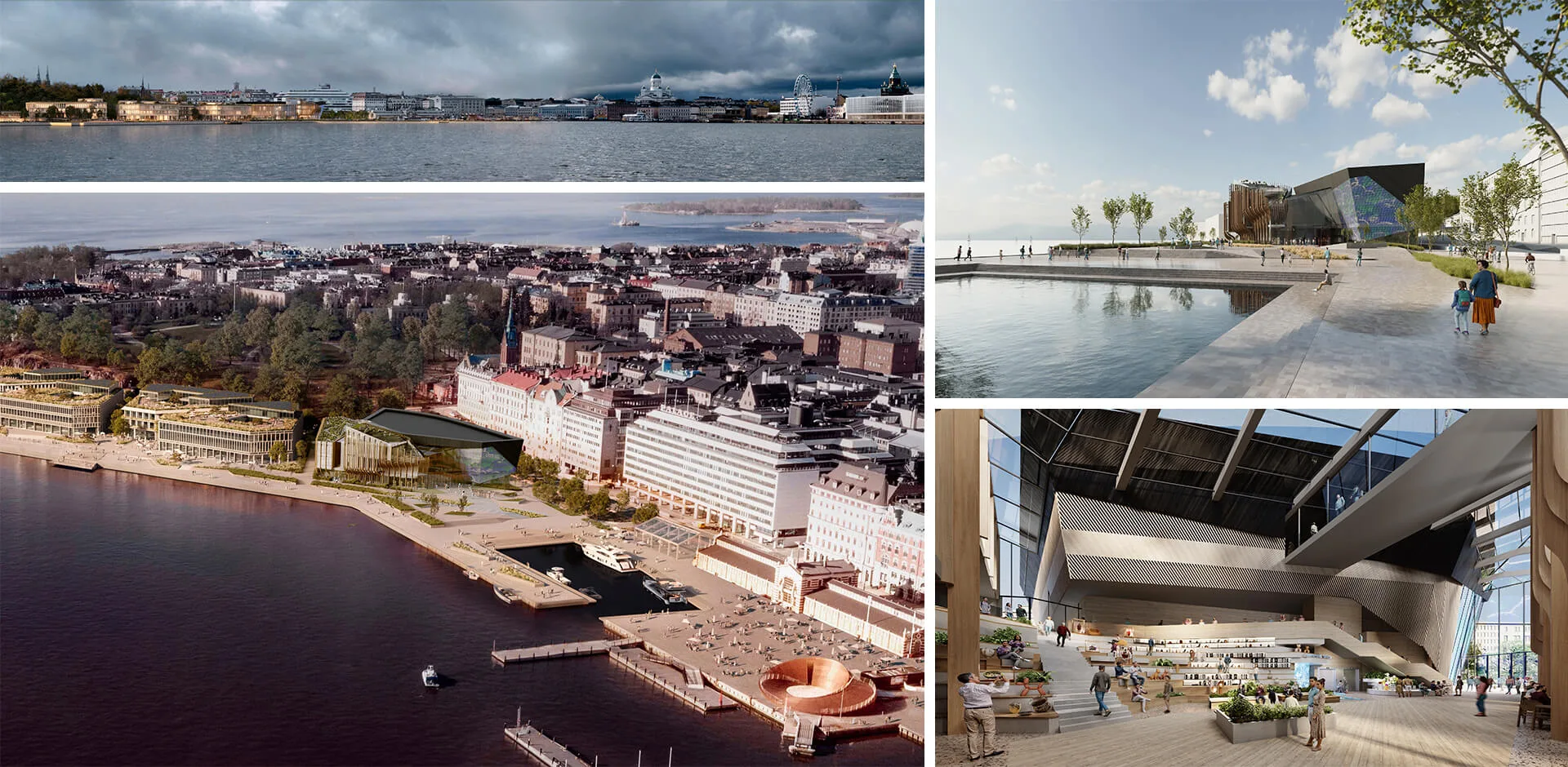 Four competition renderings for the Museum of Architecture and Design in Helsinki — sea perspective, aerial city view, ground-level exterior from Market Square, and interior of the main public hall