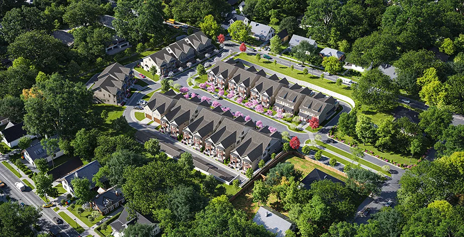 Aerial 3D rendering of a townhouse cluster in Vancouver with pitched roofs, courtyards, and surrounding trees