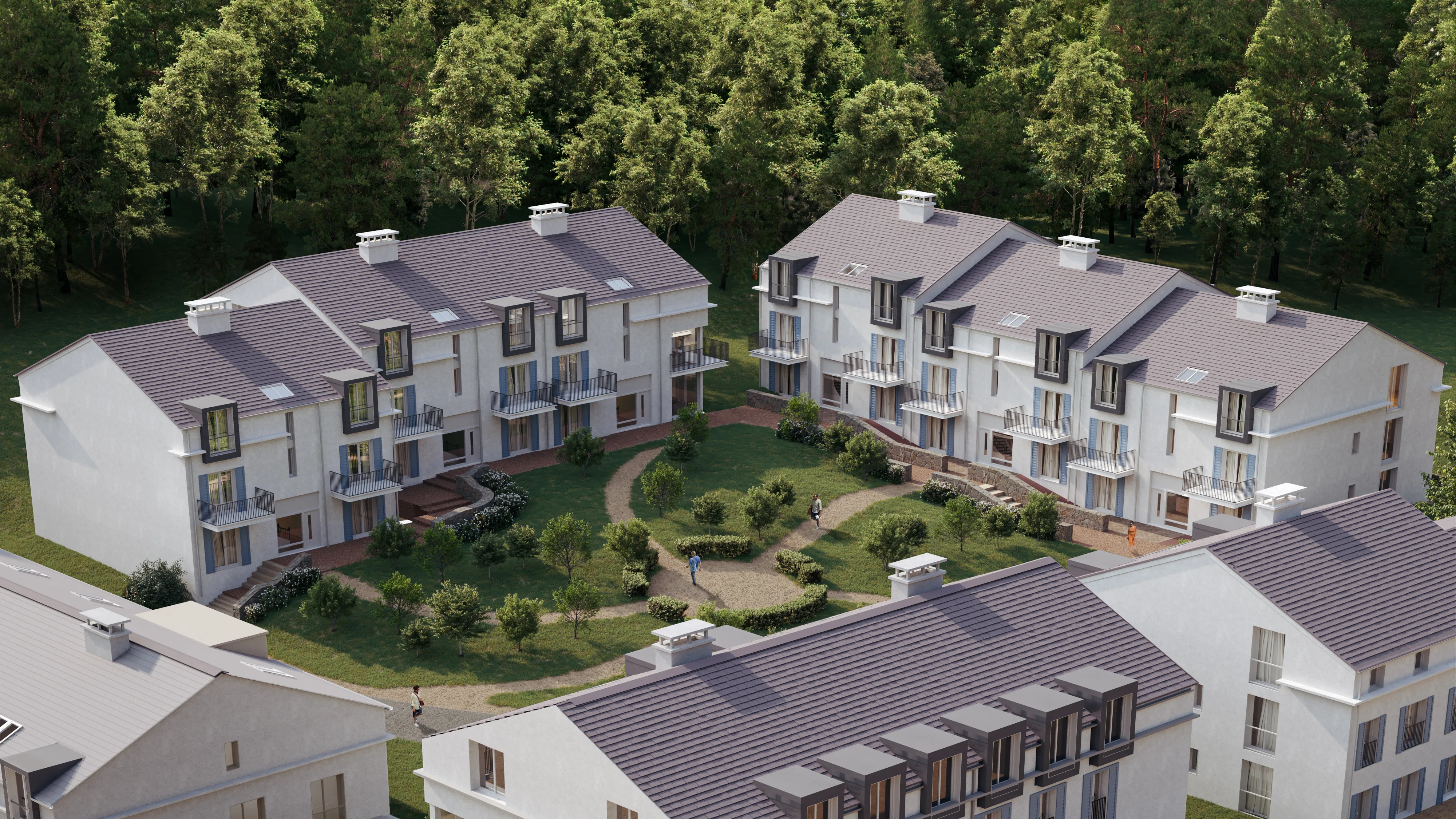 Aerial 3D Rendering of a Premium Hotel Apartment Complex in Central France