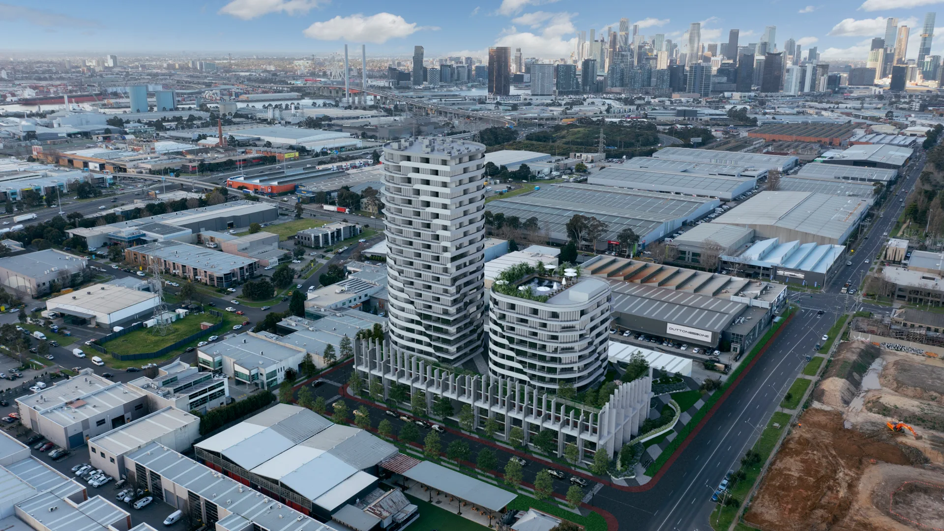 3D Rendering of high rise residential towers in Port Melbourne with Melbourne skyline in the background