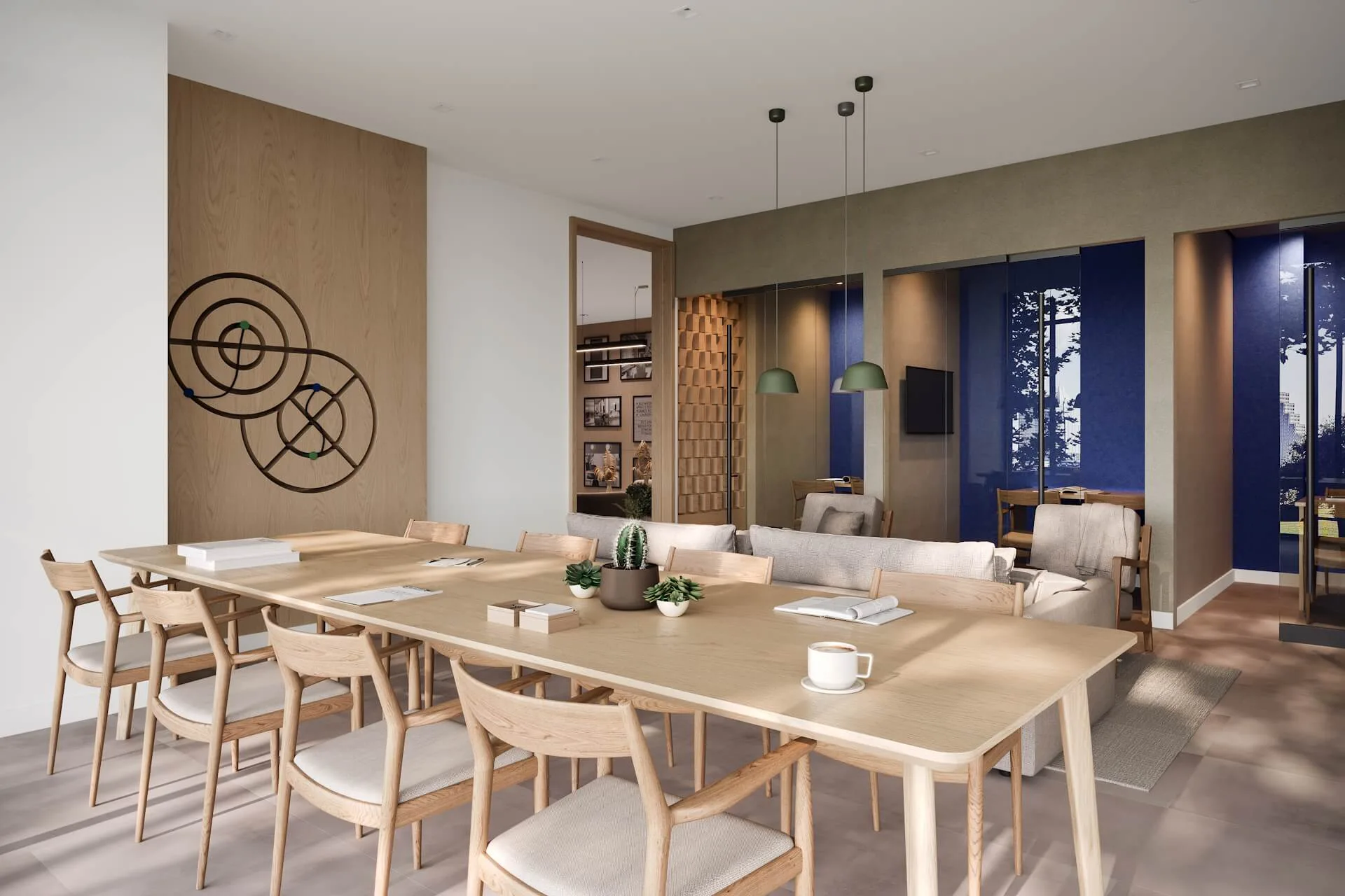 3D rendering of a Toronto apartment complex lounge with a long wooden meeting table, sofa and modern wall art