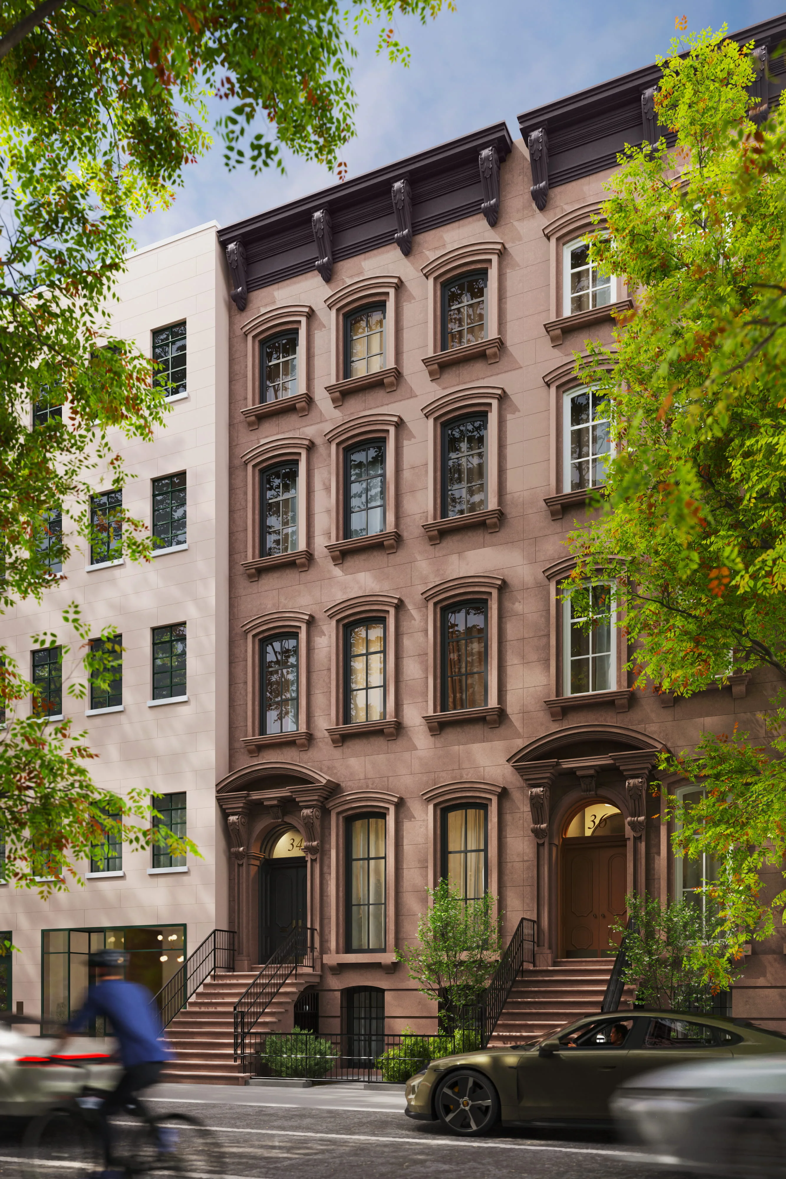 Row of detailed brownstone townhouses with stairs and ornate windows in 3D visualization for a NYC architectural project, Manhattan