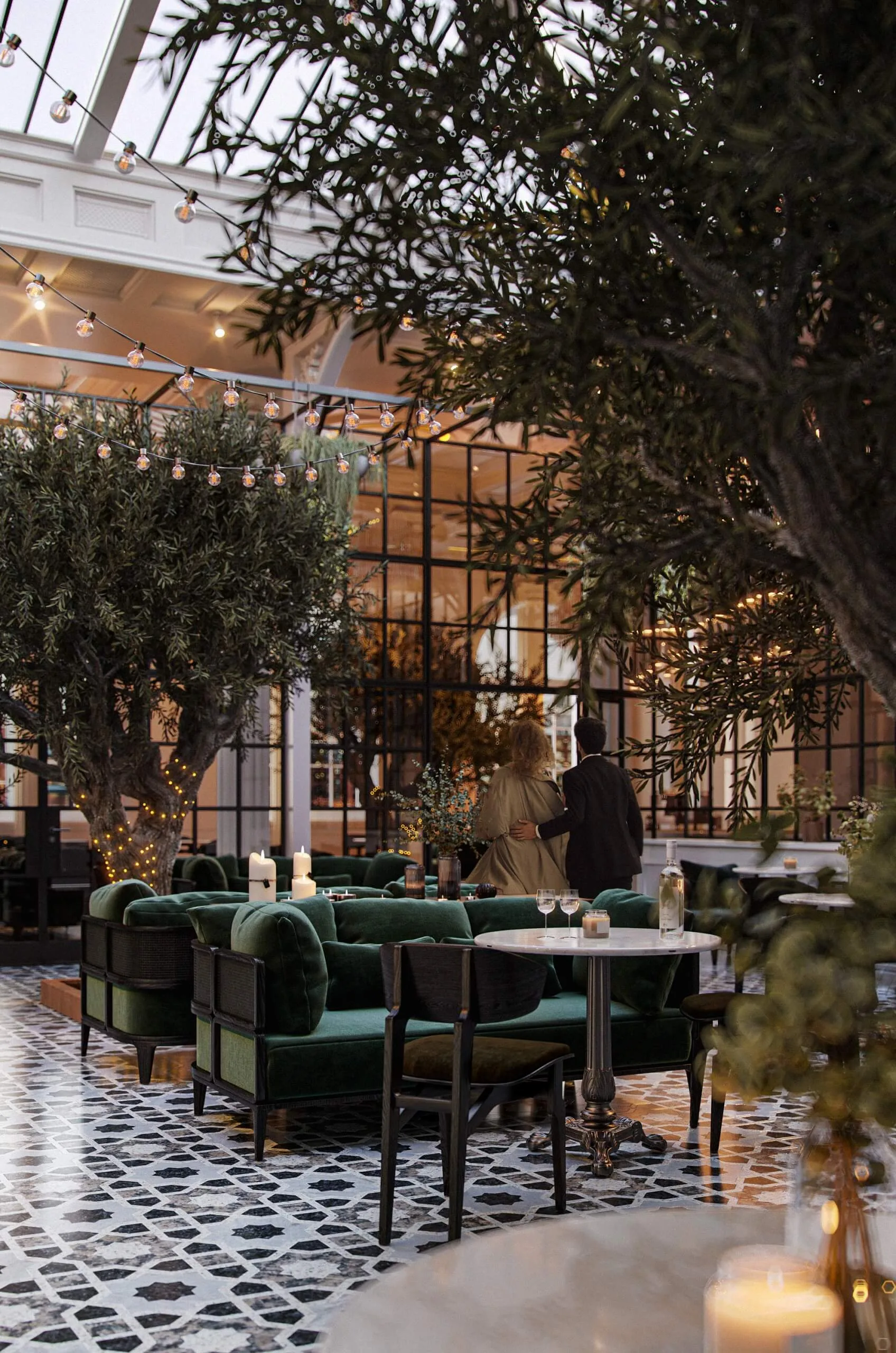 Architectural rendering of an elegant restaurant terrace with olive trees and ambient evening lighting