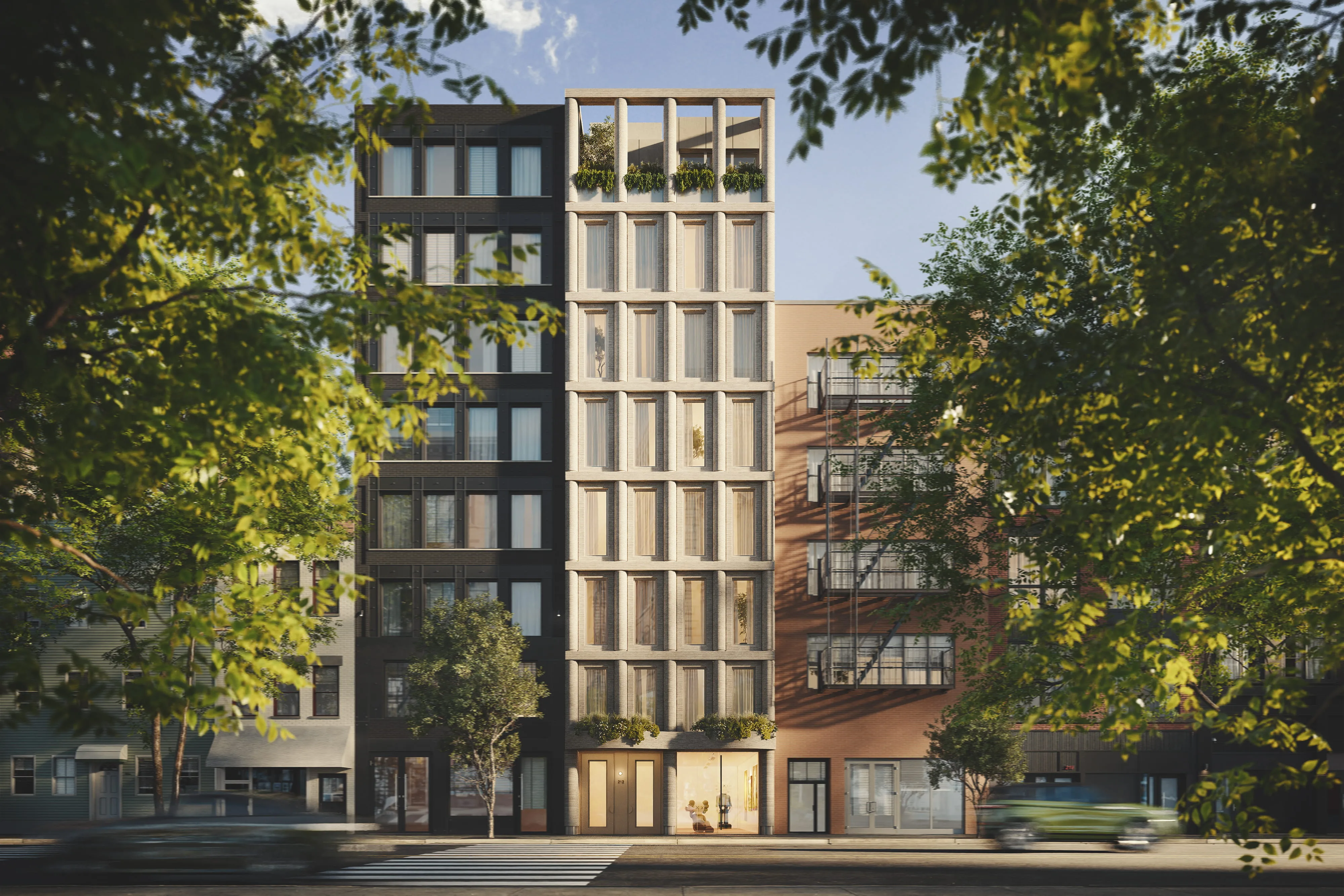 Narrow multi-story residential building between neighbors with greenery, shown in architectural rendering in New York style