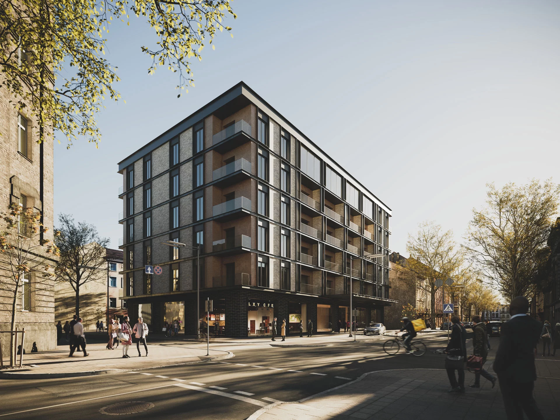 Architectural rendering of a mixed-use building on an urban street corner, showing golden hour lighting with warm tones and long shadows