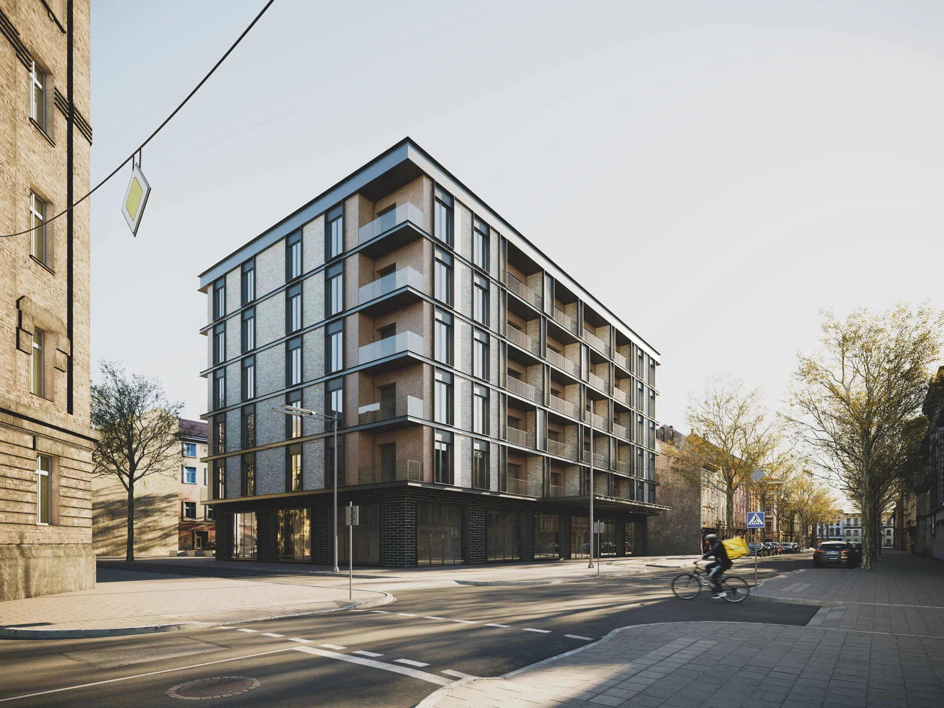 Architectural rendering of a mixed-use building with applied materials and textures, showing brick cladding, glass facades, and street-level detail