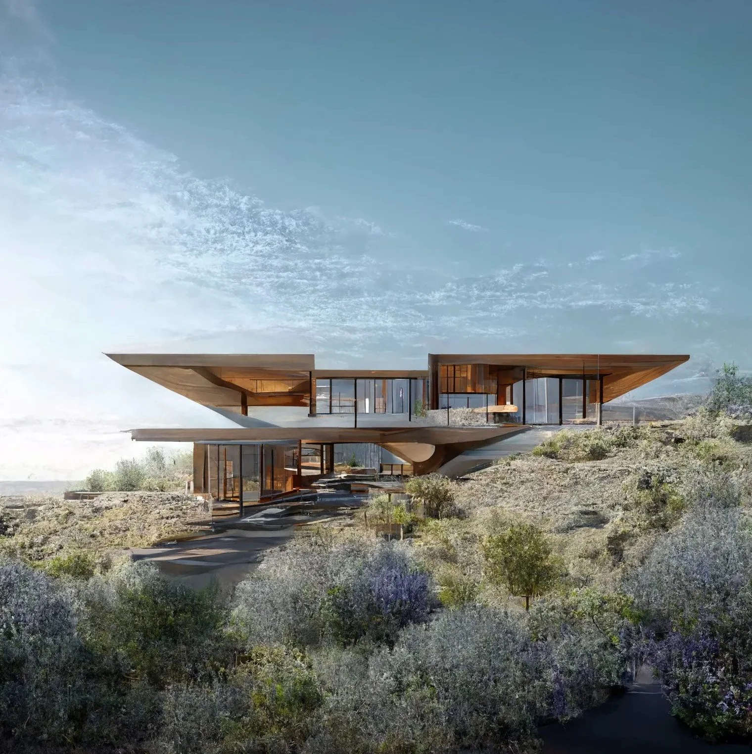 AI-generated concept rendering of a modern cantilevered house set in a desert hillside landscape