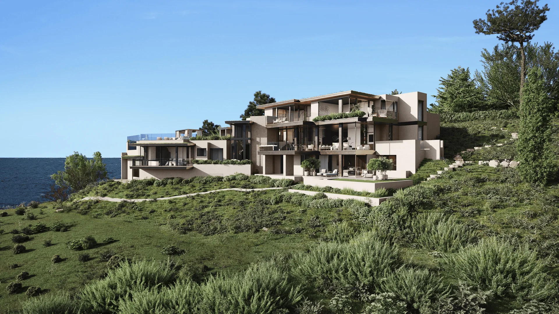 Coastal real estate exterior CGI showing multi-level villa on a hillside with ocean view and natural vegetation