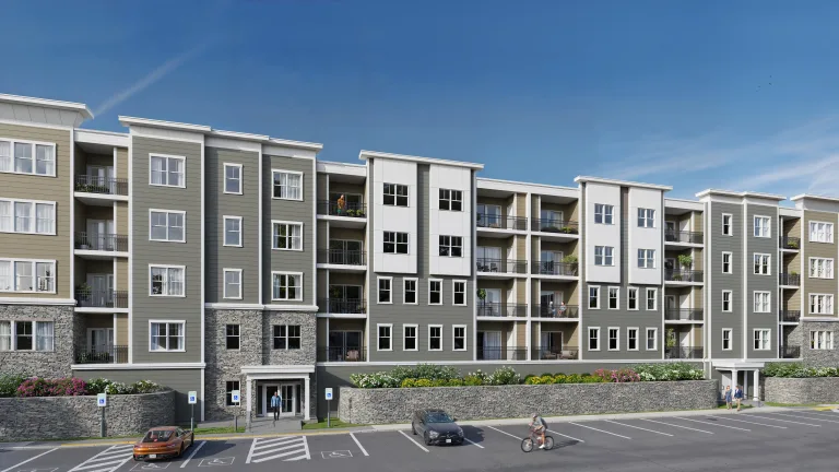 Architectural 3D rendering of a Chicago apartment complex with parking area and mid-rise residential facades