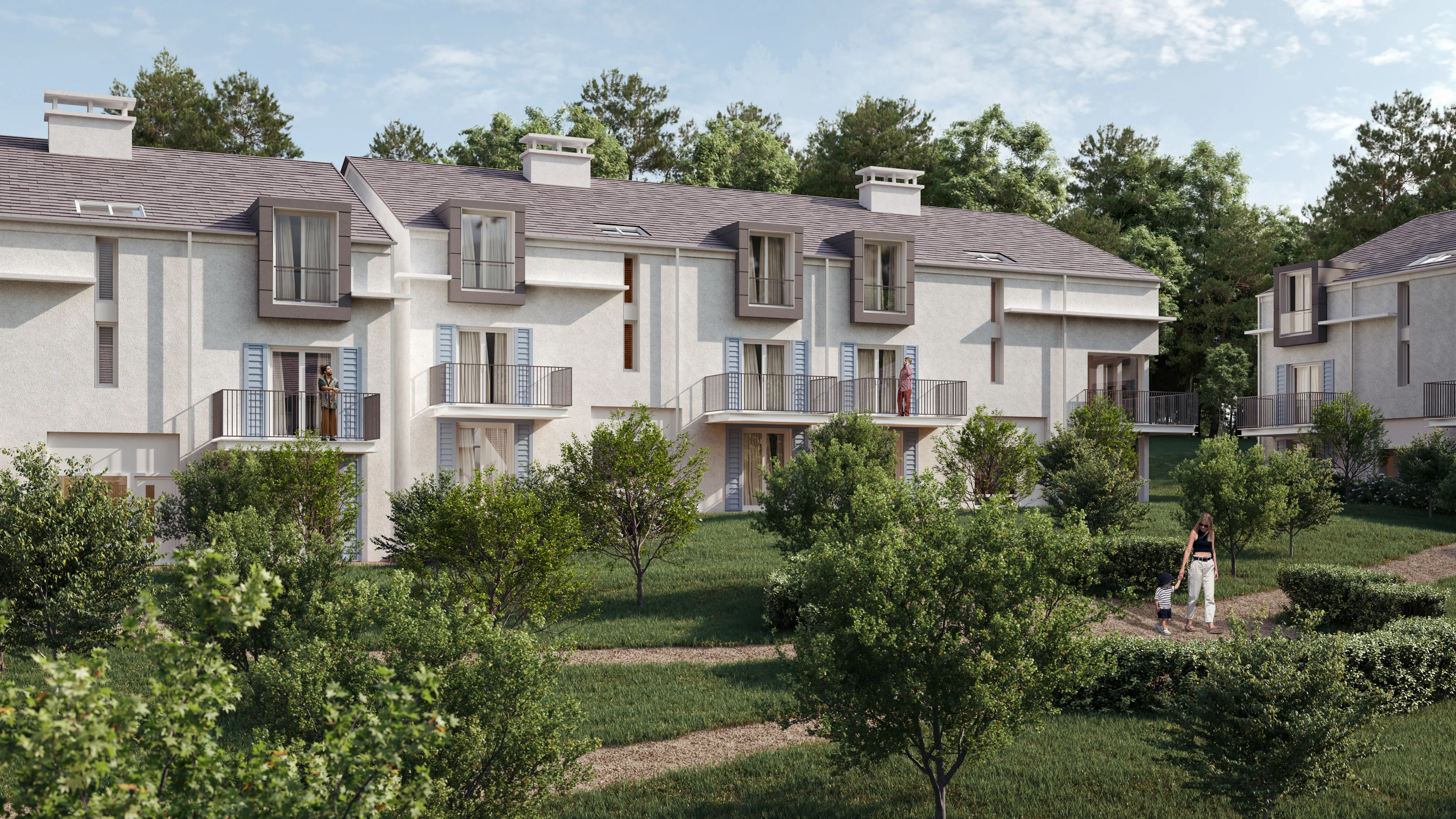 Courtyard CGI of Premium Hotel Apartments Surrounded by Greenery in France