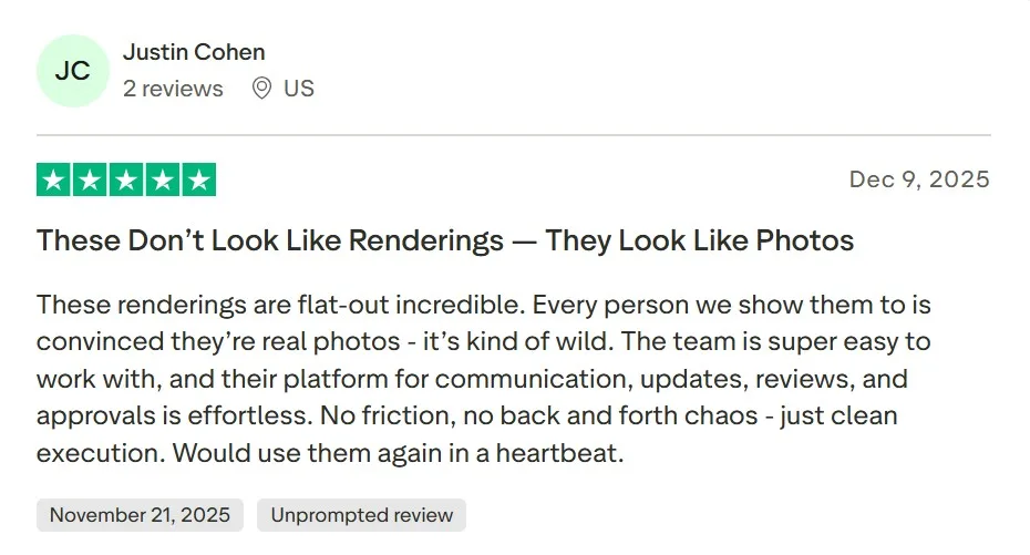 Justin Cohen's 5-star Trustpilot review of ArchiCGI's hospitality 3D rendering services