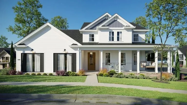 White suburban house with porch, large windows, and landscaped yard shown in a clean facade 3D visualization