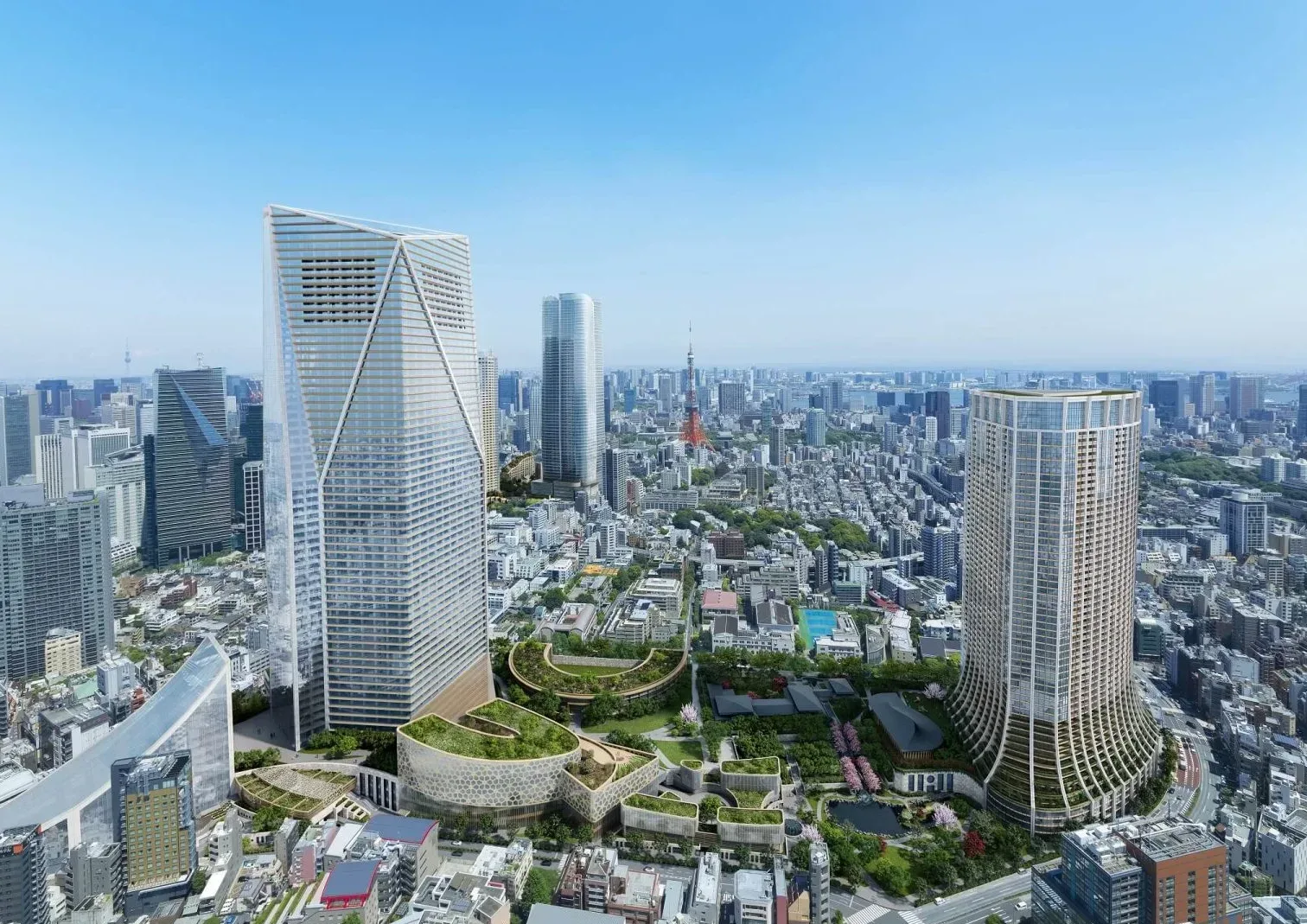3D rendering of a dense urban district with high-rise towers, a green roofed cultural complex and city skyline beyond