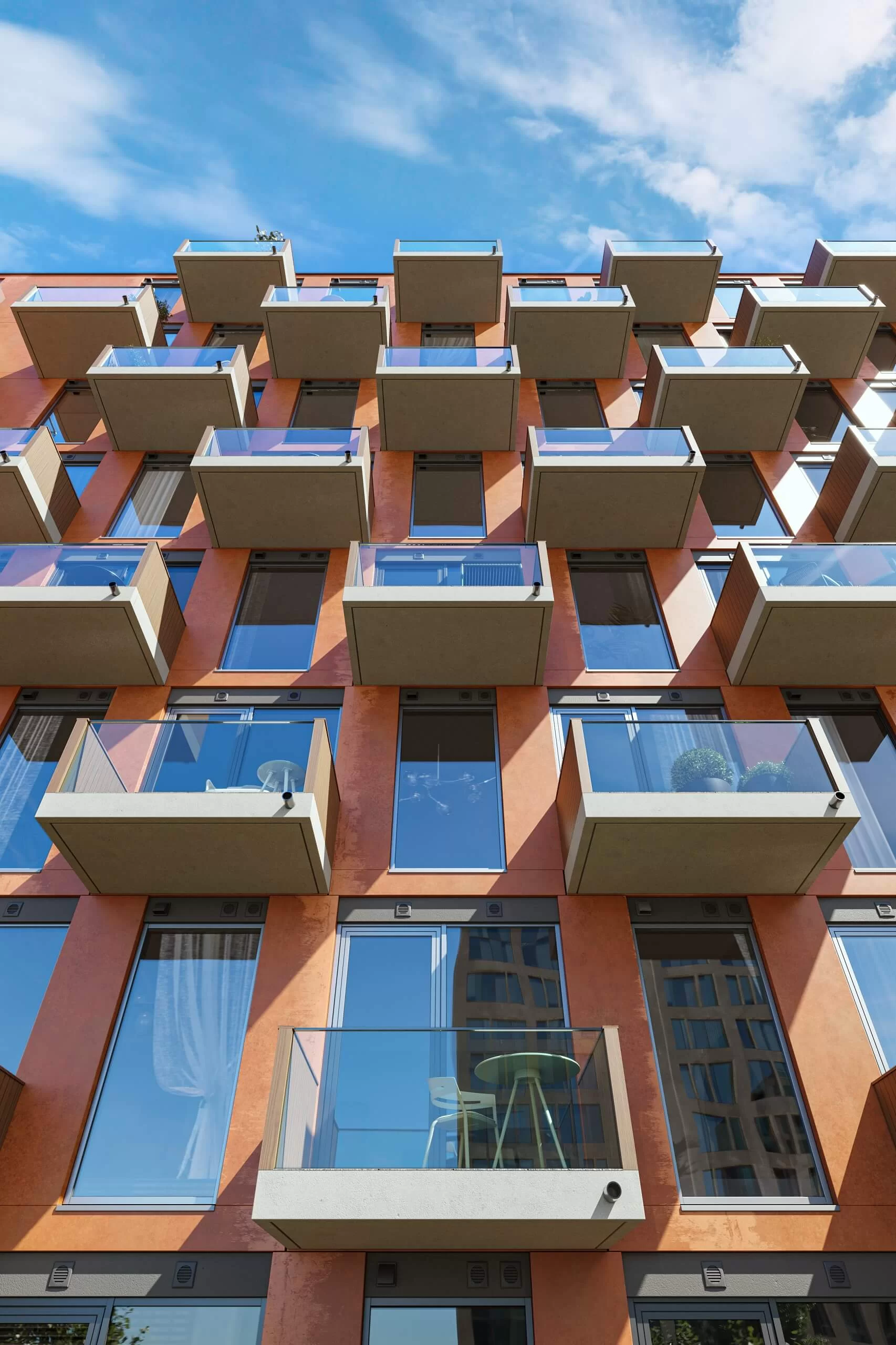 Close-up 3D rendering of a modern residential tower facade with balconies for Boston development marketing