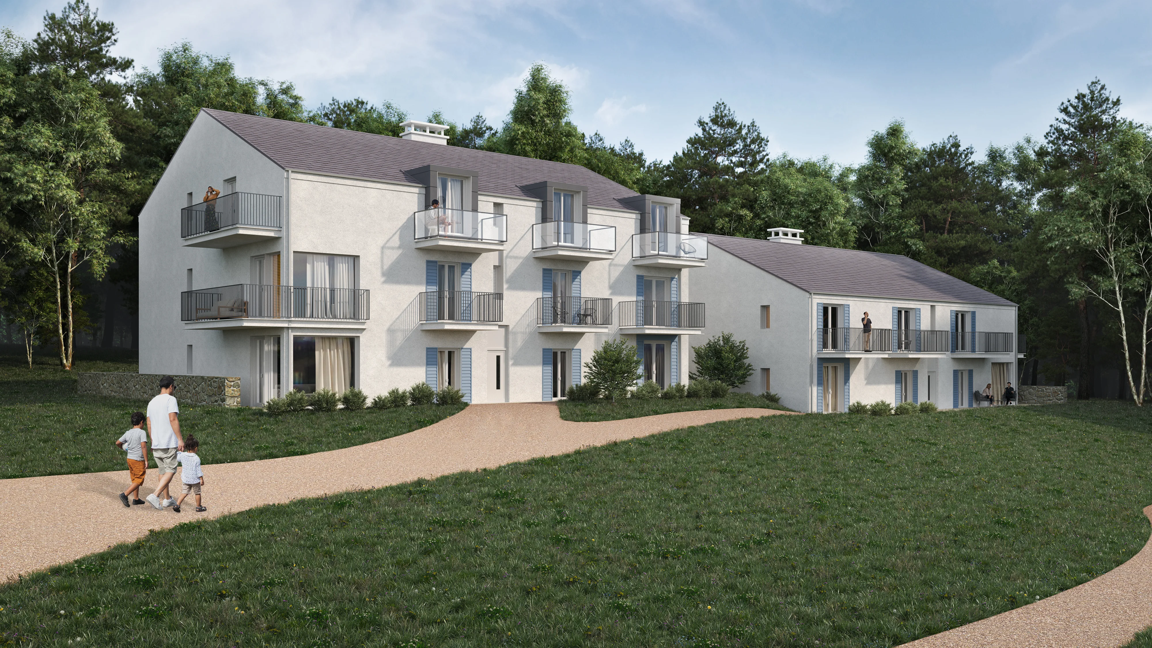 Front Facade CGI of Luxury Golf Resort Apartments in Central France