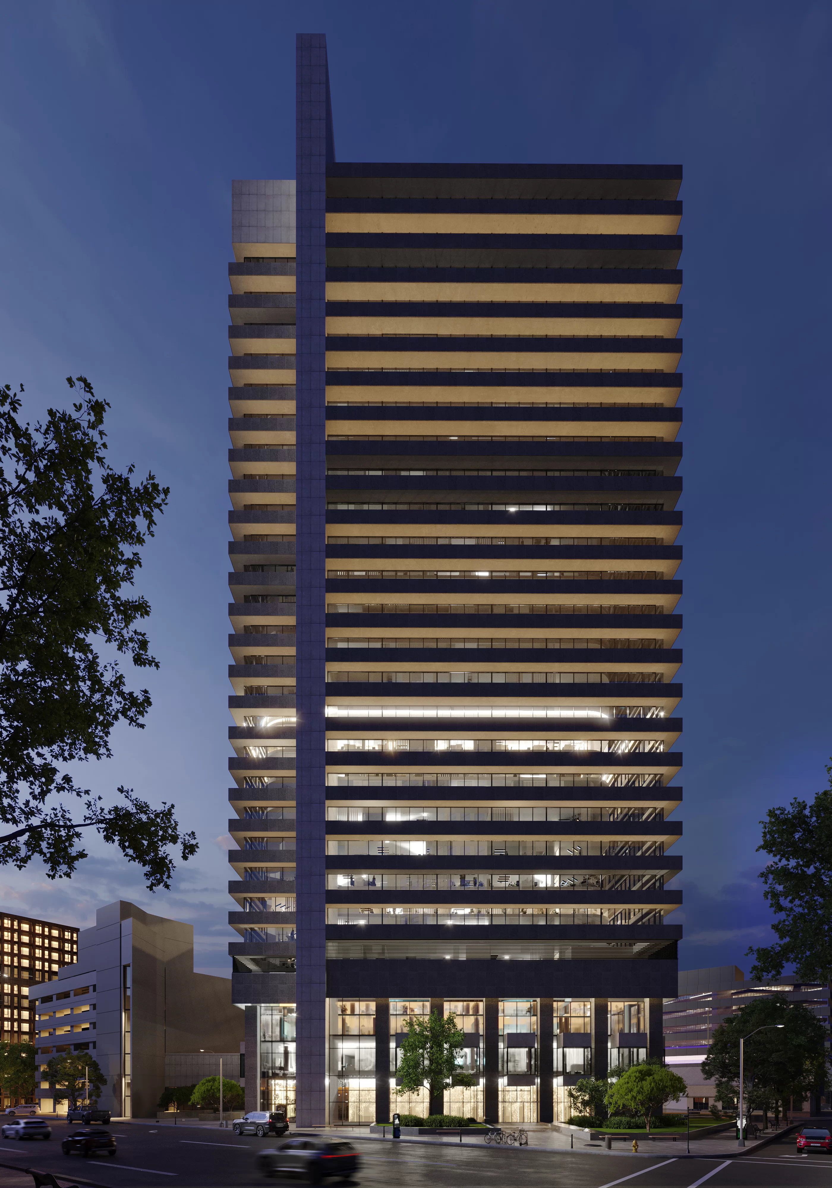 Night exterior 3D rendering of a high-rise tower for development marketing