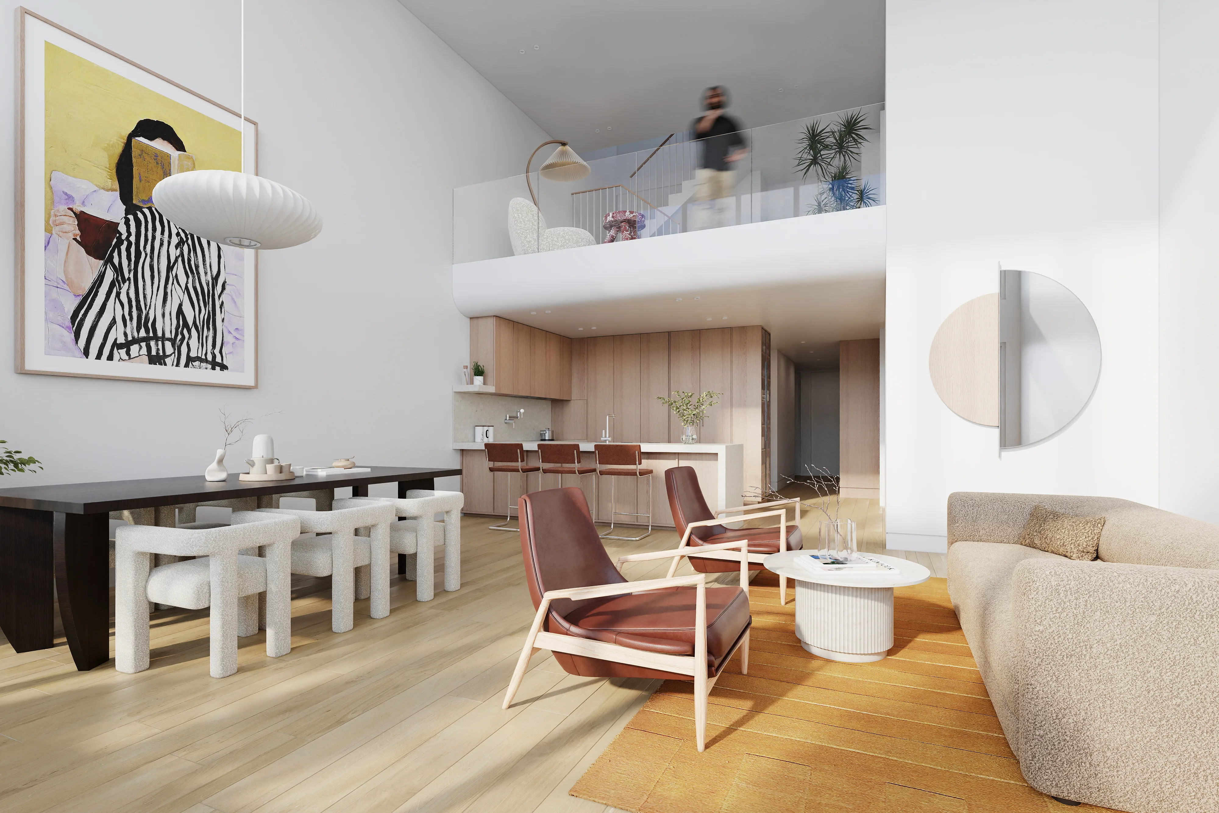 Interior 3D rendering of a loft condo with mezzanine for Boston pre-sales marketing